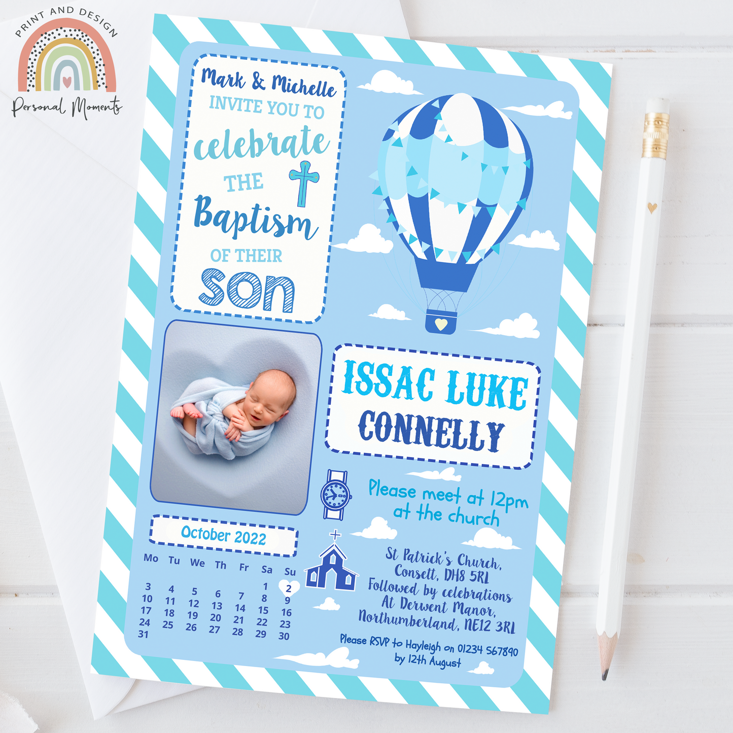 Personalized Blue Hot Air Balloon Baptism Invitation for Boys with Photo