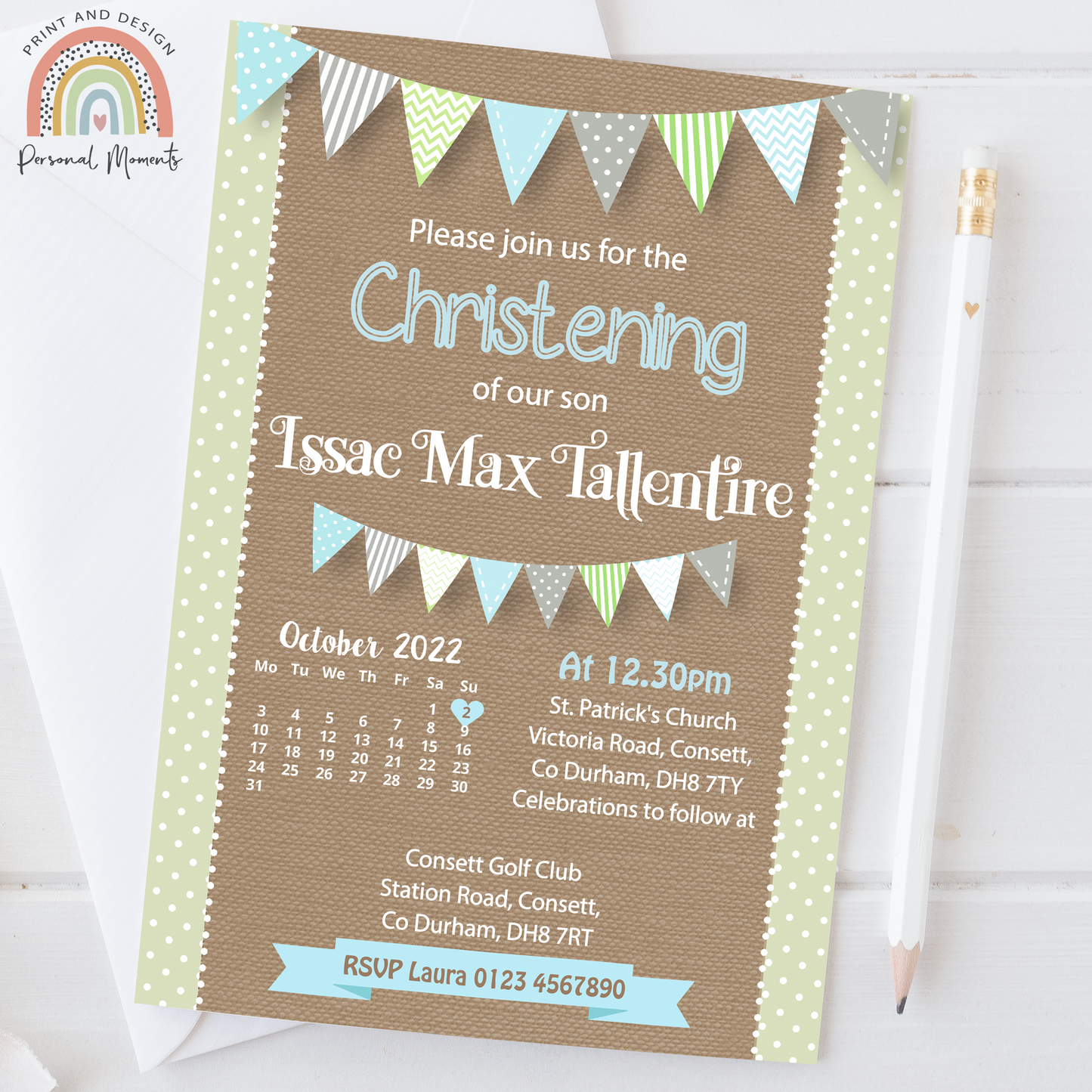 Personalized Vintage Rustic Christening Invitation | Boy's Baptism Invite Calendar Design