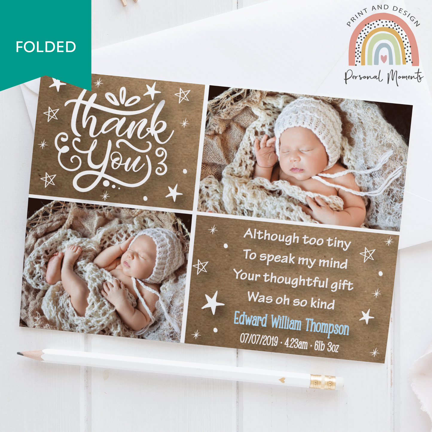 Baby Boy Starry Thank You Card FOLDED