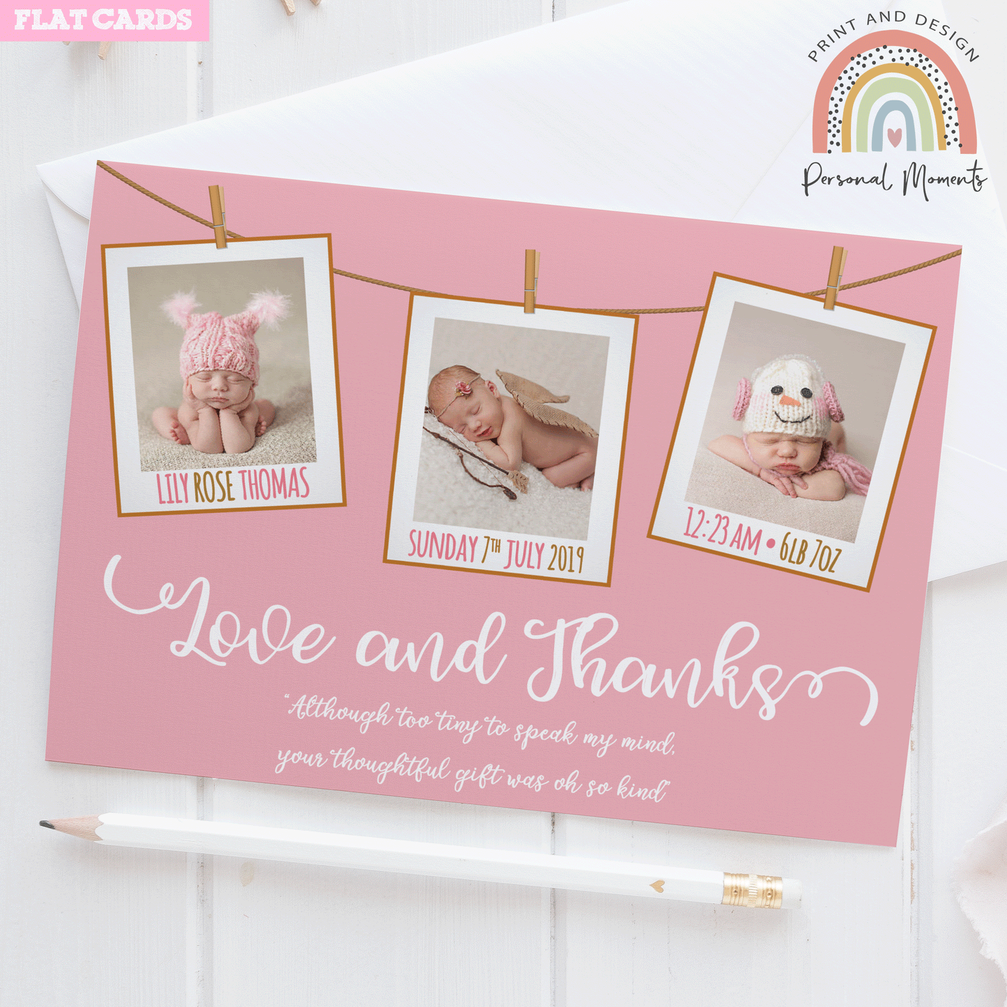 FLAT Love and Thanks Baby Girl Thank You Cards