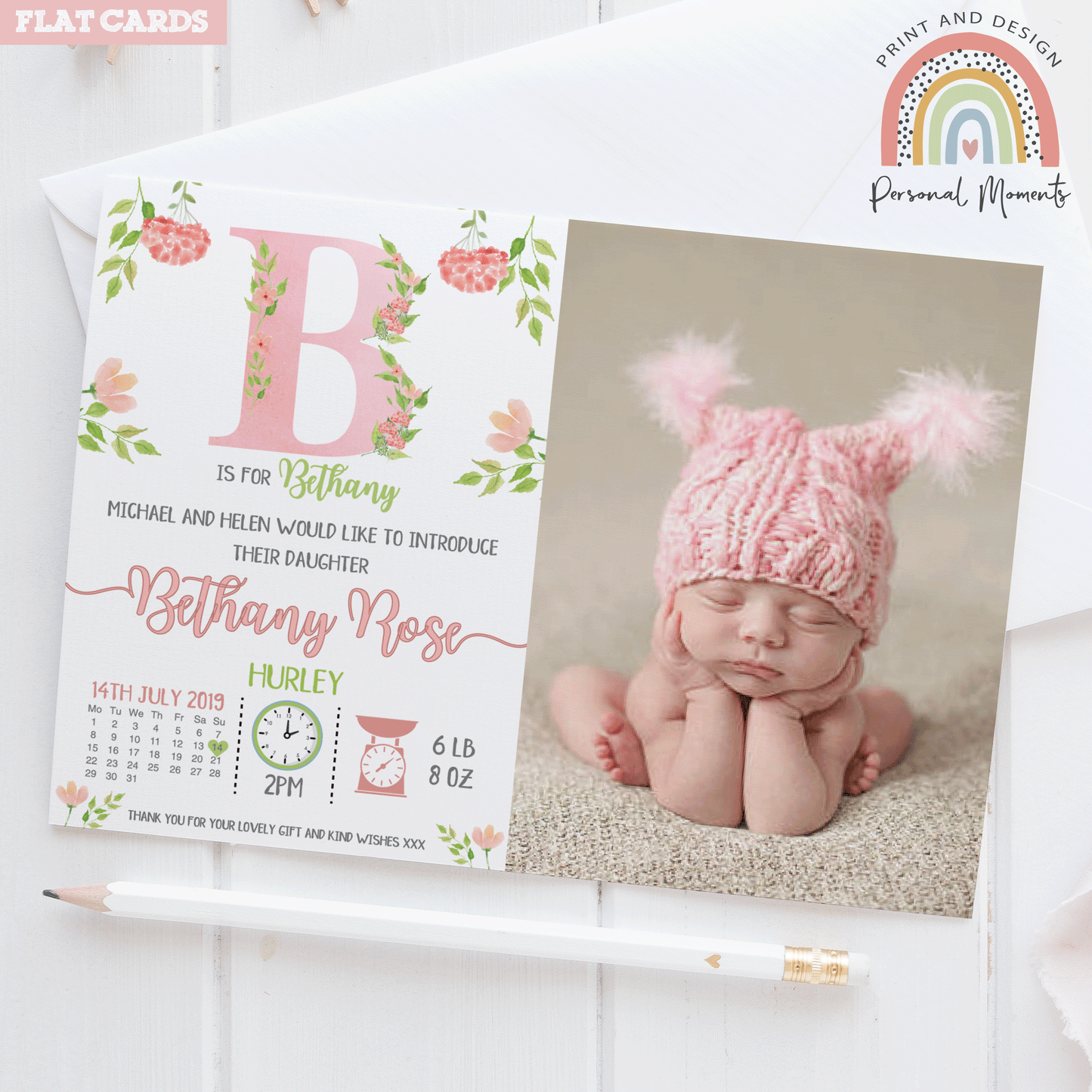 Personalized Vintage Floral Baby Girl Thank You Cards Pink Birth Announcement Cards