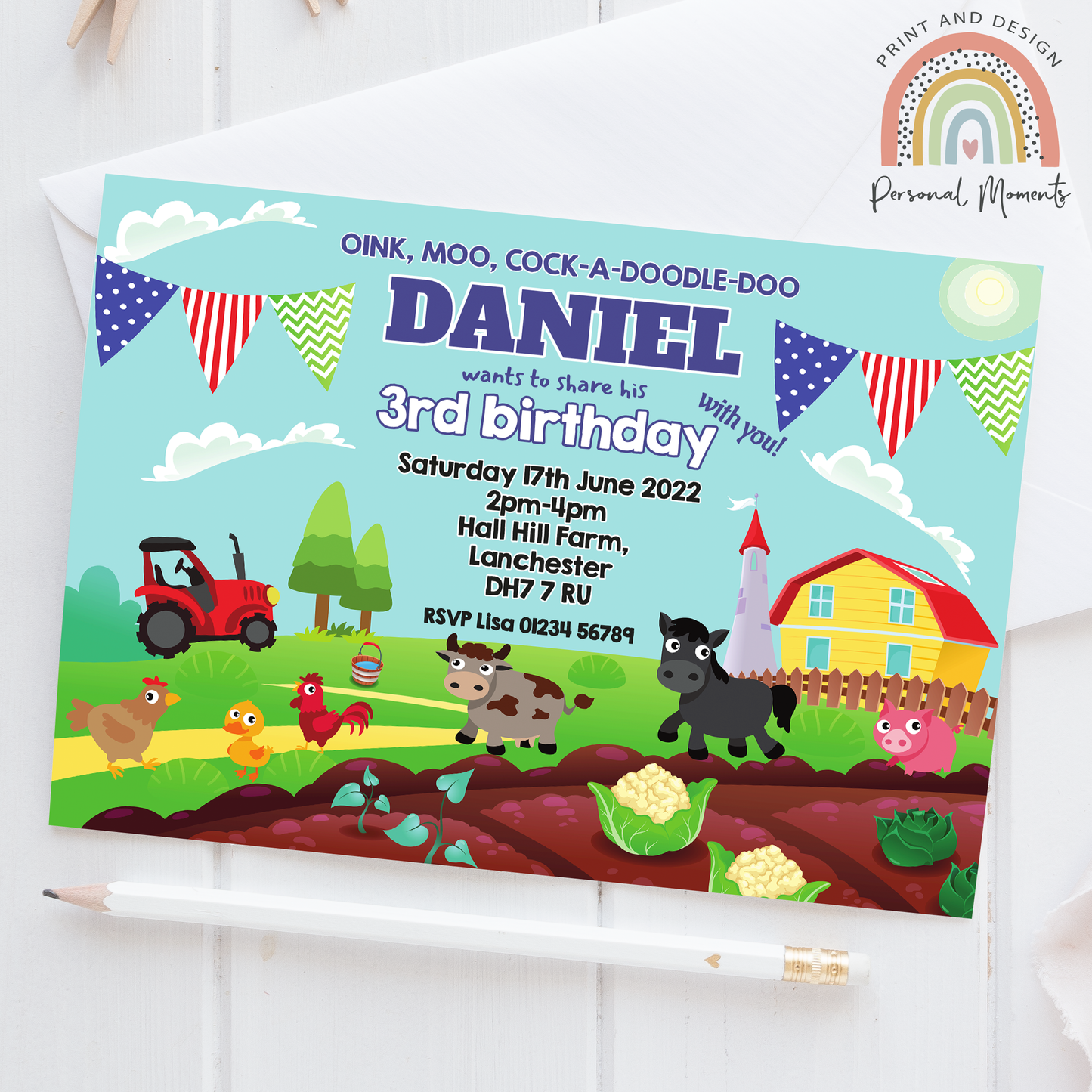 Personalized Farmyard Animals Birthday Party Invites- Blue