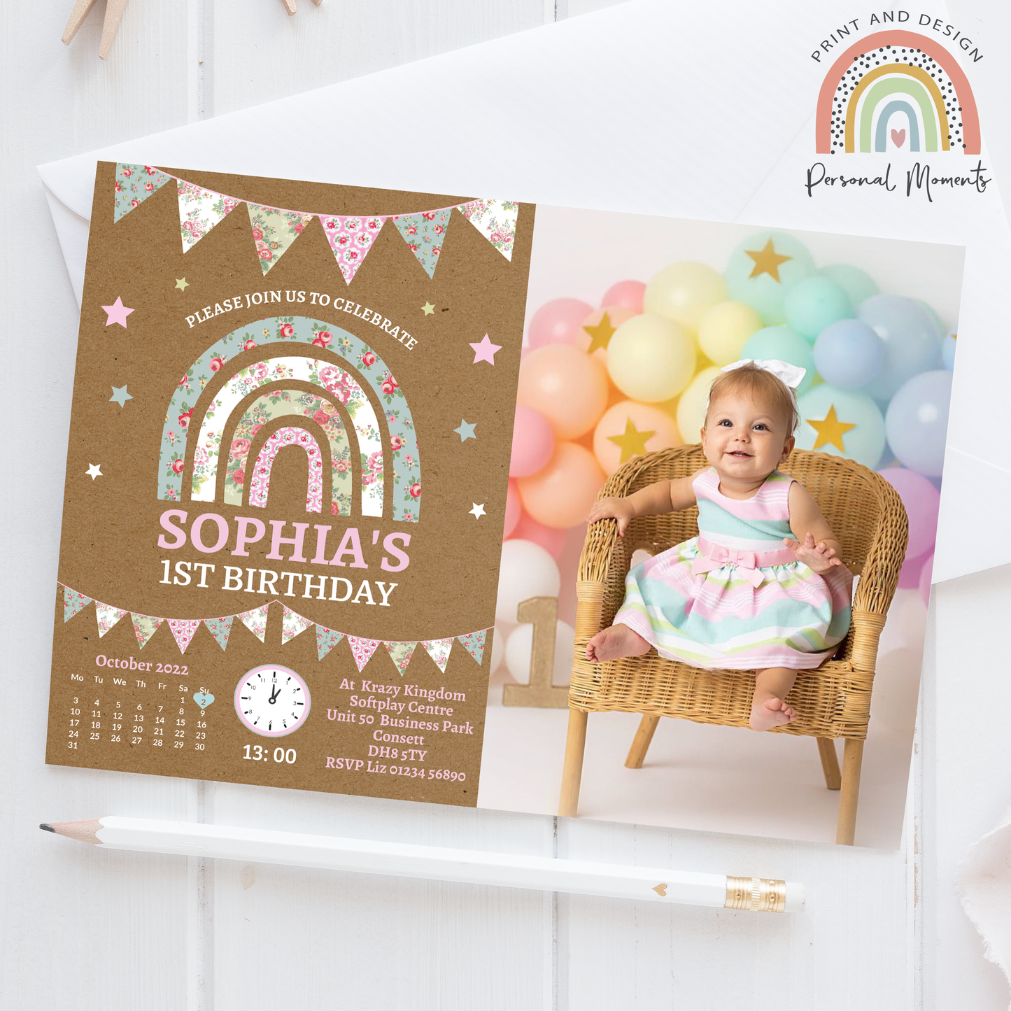 Personalized Pastel Rainbow Photo Birthday Invitations - Rustic Floral Design