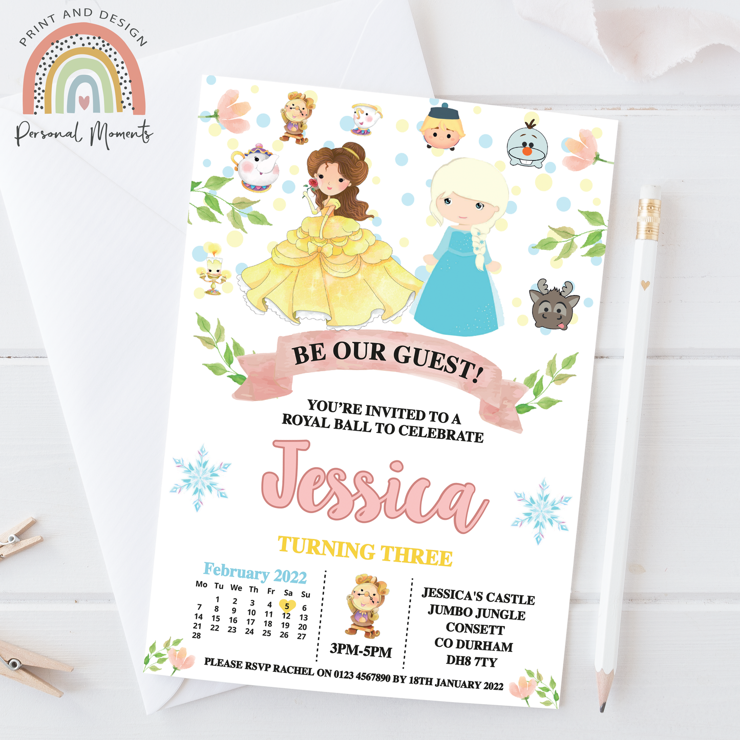 Personalized Beauty and The Beast Invitations - Frozen Princess Watercolor Invites