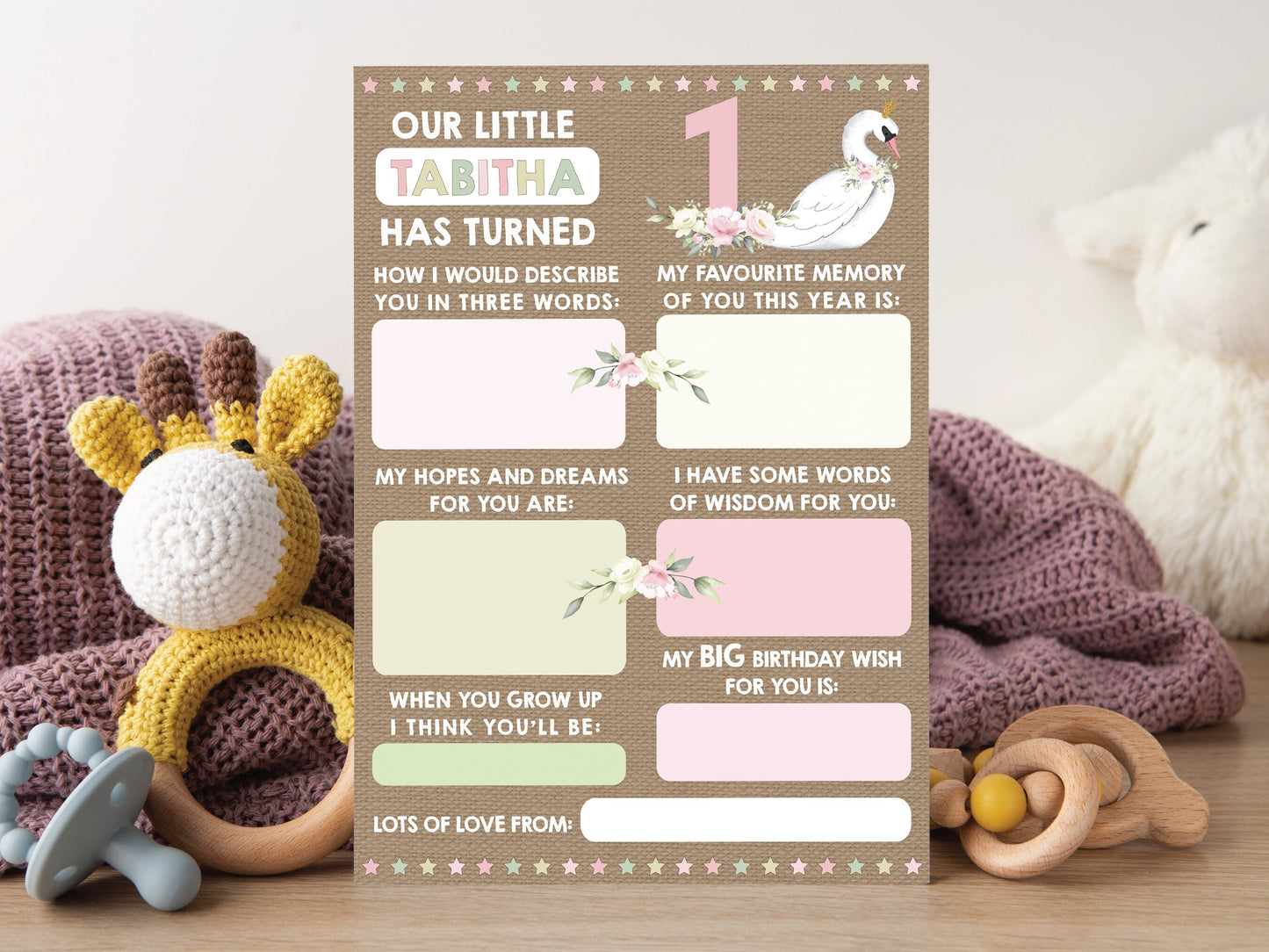Personalized 1st Birthday Time Capsule Cards, Swan First Birthday Party, Floral 1st Birthday Keepsake Cards