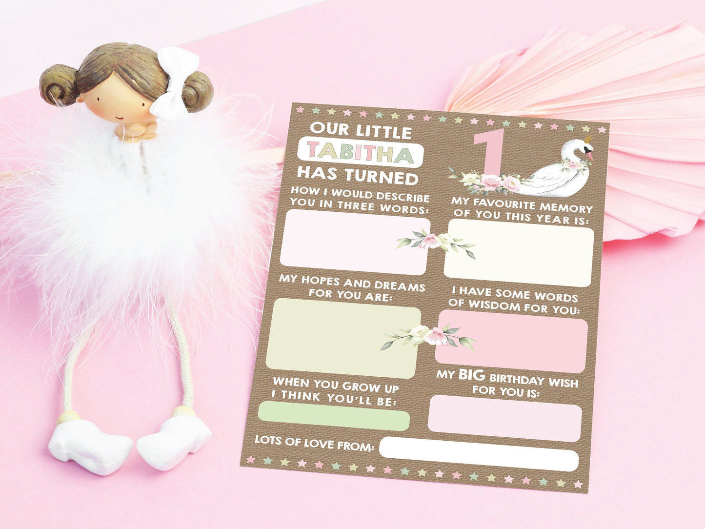 Personalized 1st Birthday Time Capsule Cards, Swan First Birthday Party, Floral 1st Birthday Keepsake Cards