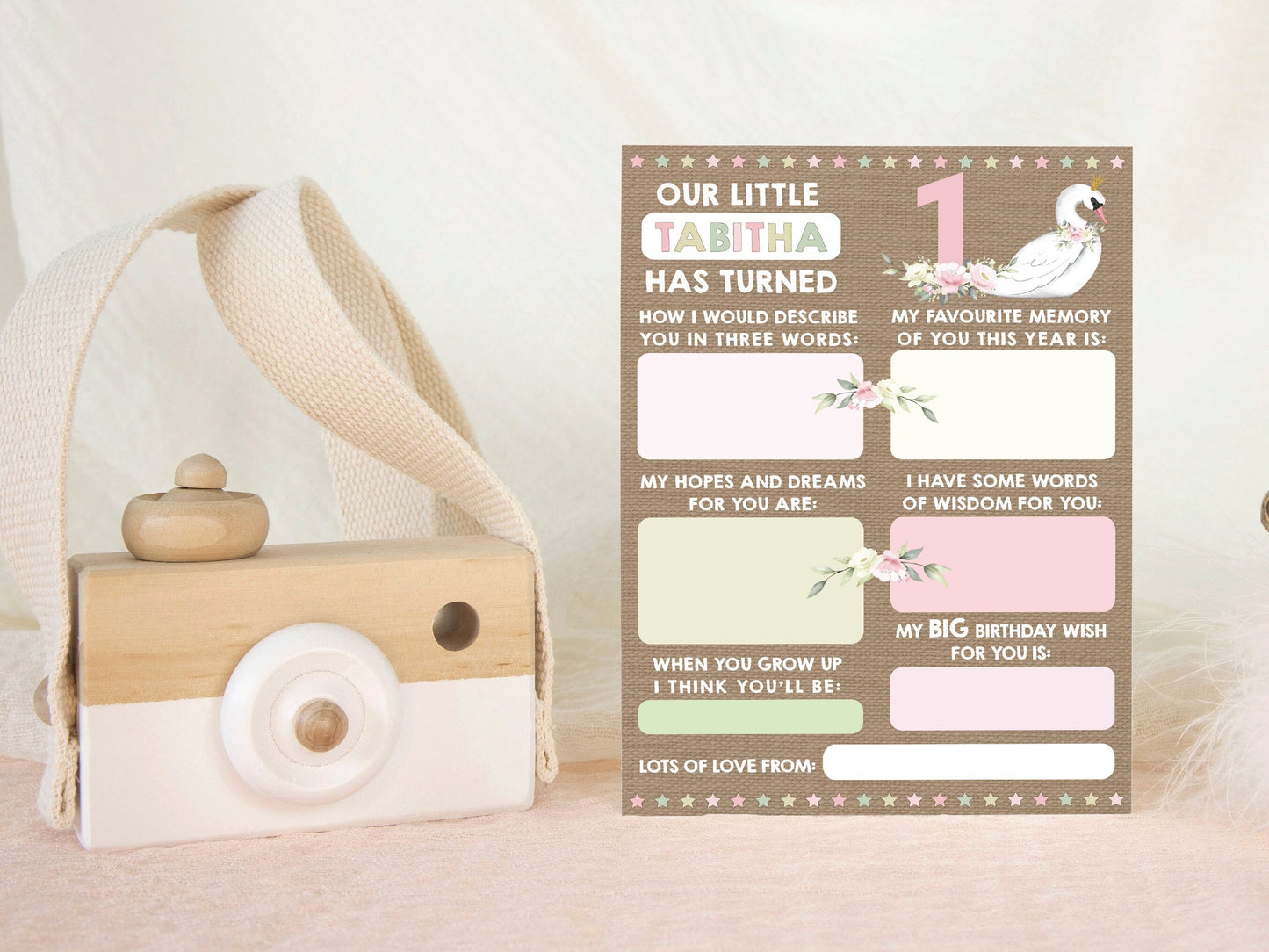 Personalized 1st Birthday Time Capsule Cards, Swan First Birthday Party, Floral 1st Birthday Keepsake Cards