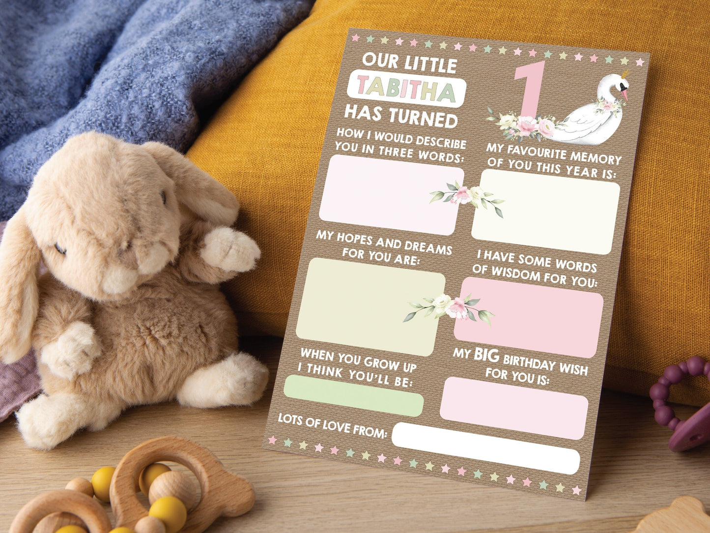 Personalized 1st Birthday Time Capsule Cards, Swan First Birthday Party, Floral 1st Birthday Keepsake Cards