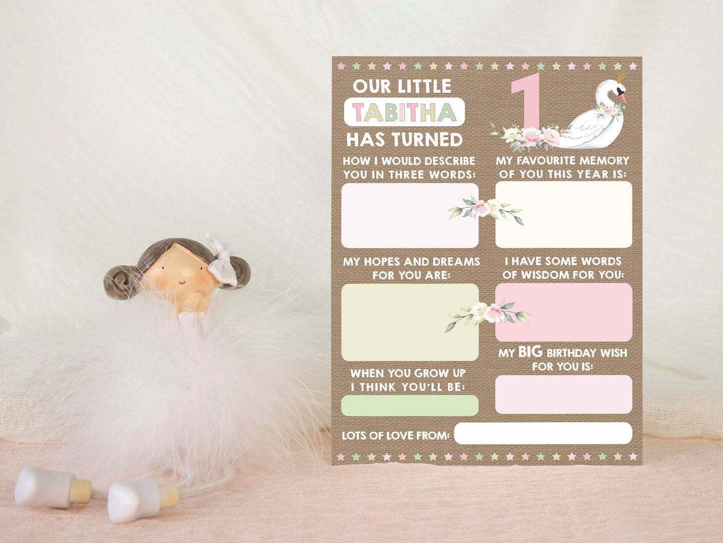 Personalized 1st Birthday Time Capsule Cards, Swan First Birthday Party, Floral 1st Birthday Keepsake Cards