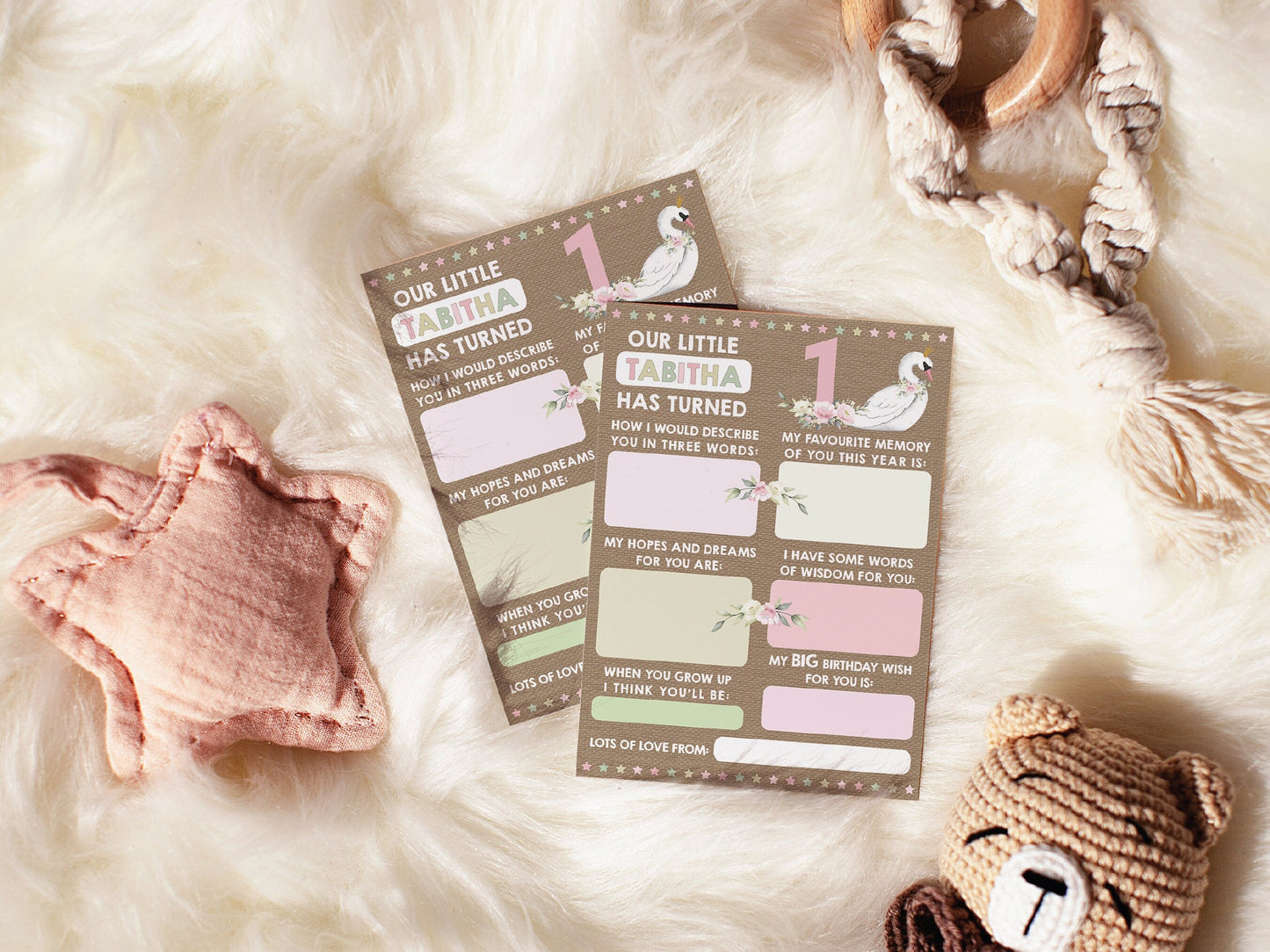 Personalized 1st Birthday Time Capsule Cards, Swan First Birthday Party, Floral 1st Birthday Keepsake Cards