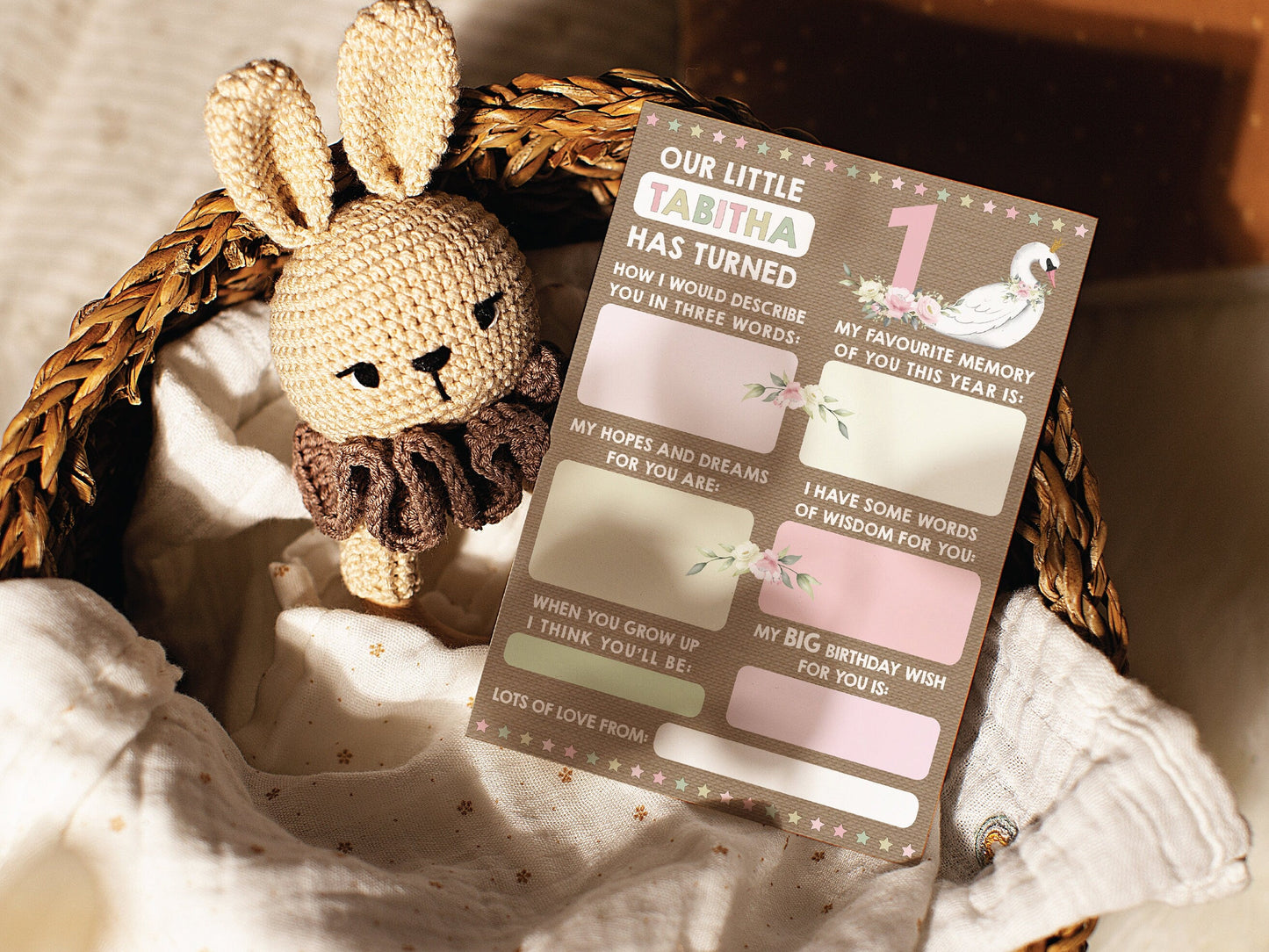 Personalized 1st Birthday Time Capsule Cards, Swan First Birthday Party, Floral 1st Birthday Keepsake Cards