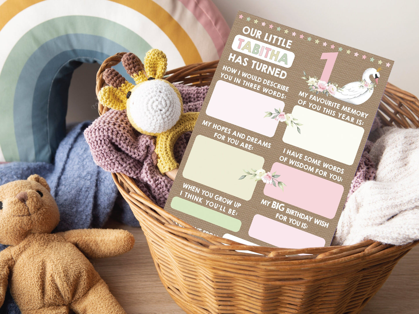 Personalized 1st Birthday Time Capsule Cards, Swan First Birthday Party, Floral 1st Birthday Keepsake Cards