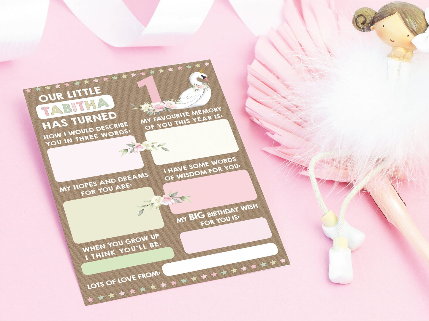 Personalized 1st Birthday Time Capsule Cards, Swan First Birthday Party, Floral 1st Birthday Keepsake Cards