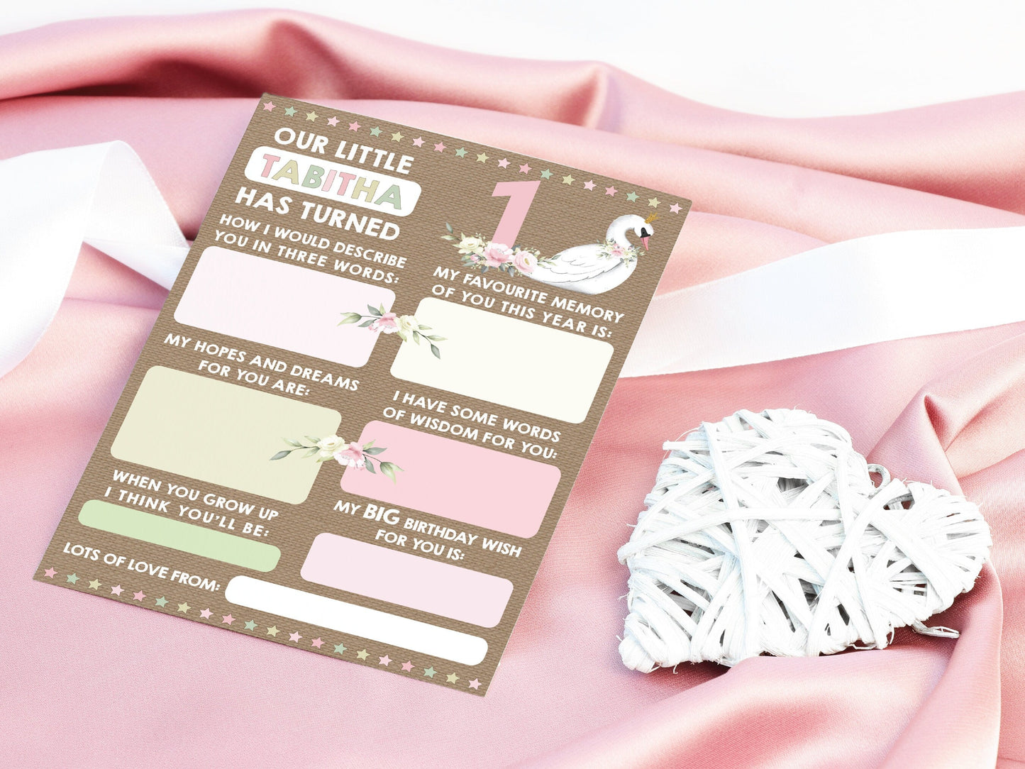 Personalized 1st Birthday Time Capsule Cards, Swan First Birthday Party, Floral 1st Birthday Keepsake Cards