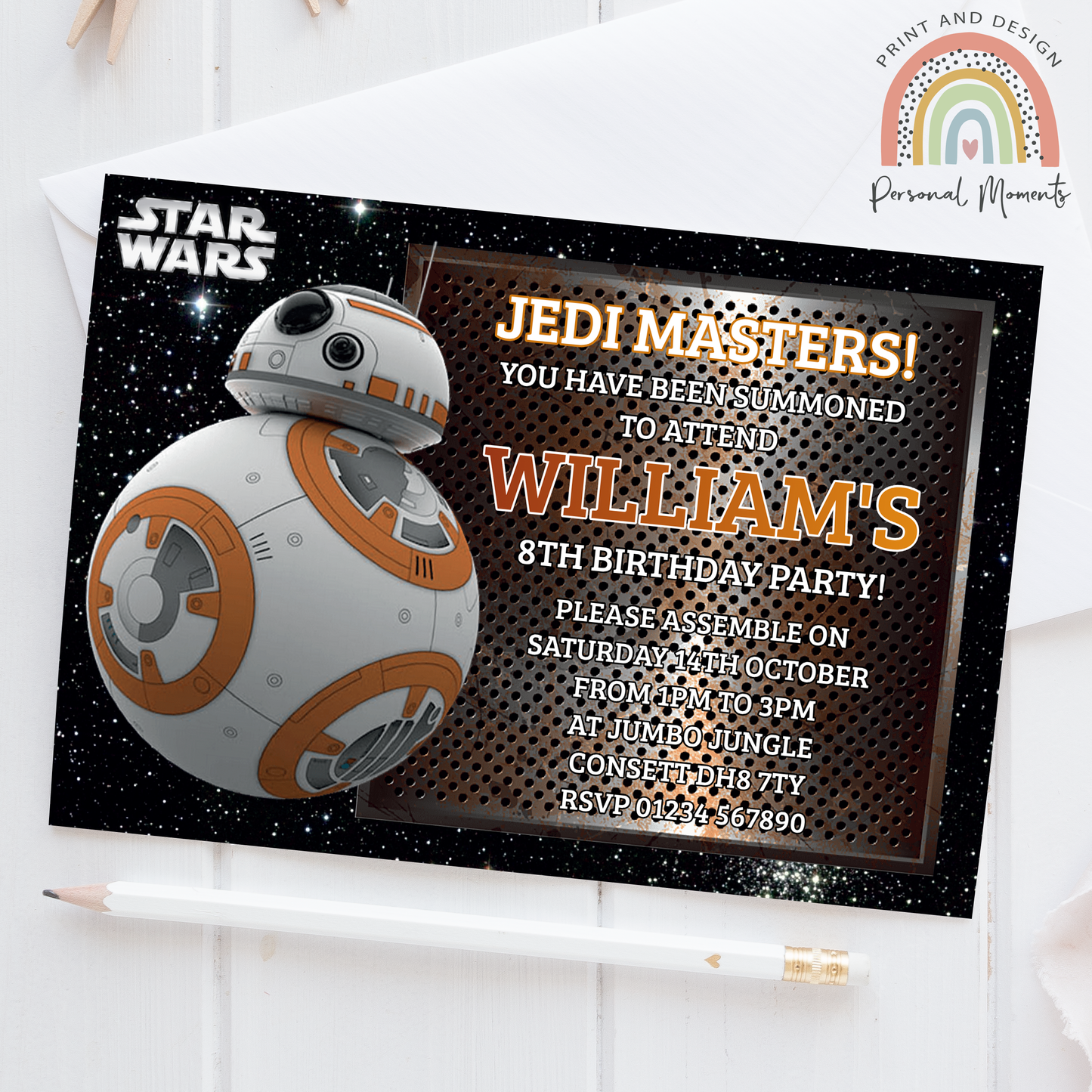 Personalized Star Wars Space Adventure BB-8 Birthday Invitations
