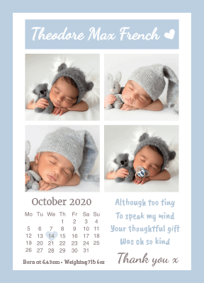 FOLDED blue calendar Baby boy announcement note
