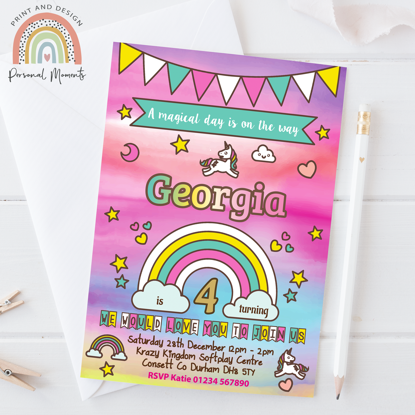 Personalized Unicorn & Rainbow Birthday Party Invitations for Girls