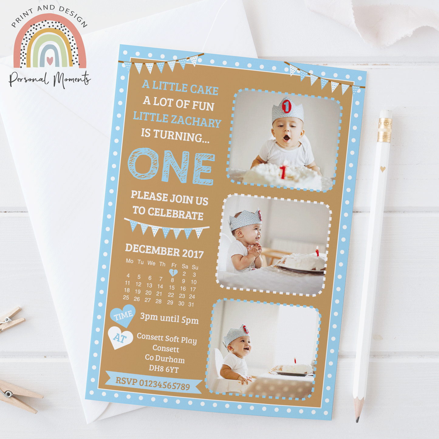 Personalised cake smash 1st birthday invitations