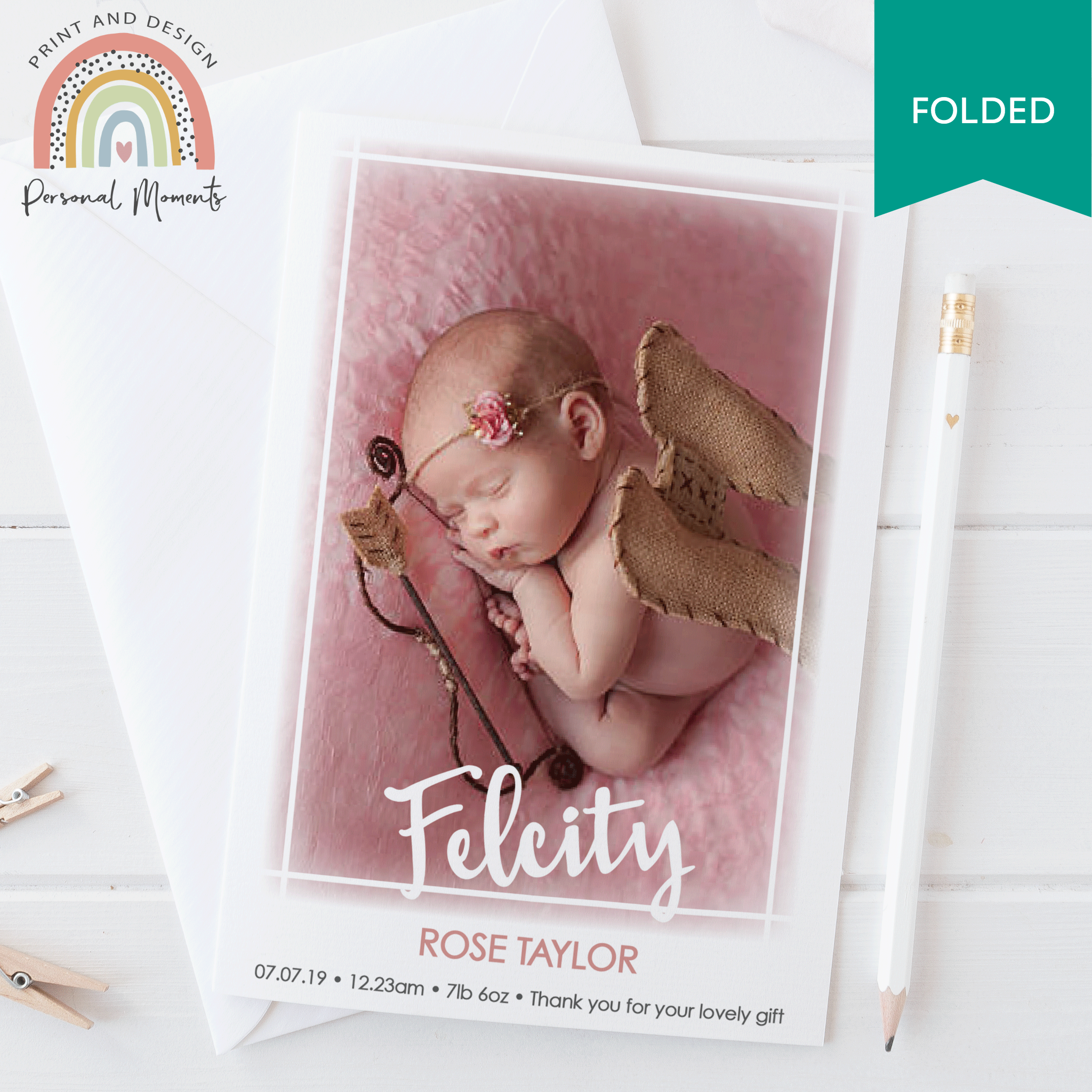 FOLDED Custom Baby Girl Thank You Cards with Personalized Photos - Fast Shipping
