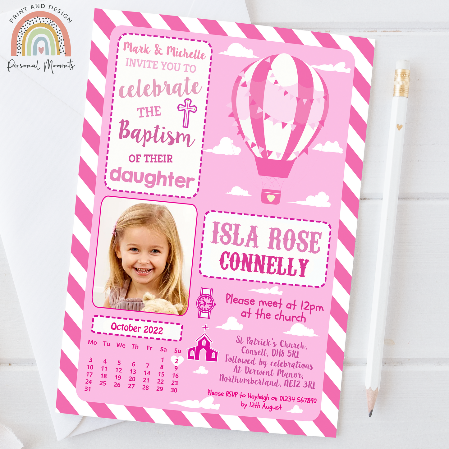 Personalized Pink Hot Air Balloon Christening Invitation for Girls with Photo