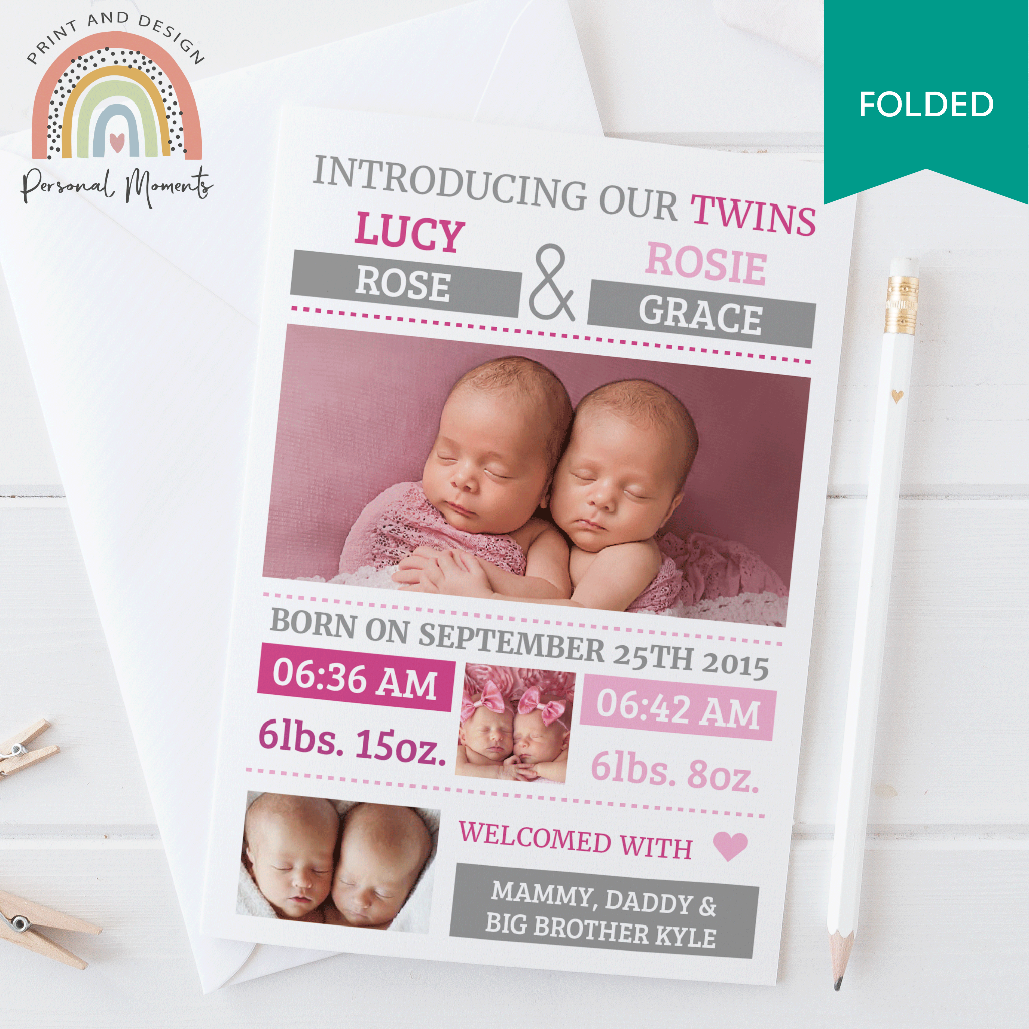 FOLDED Design Your Own New Born Twins Thank You Cards with Photo | Personal Moments | Fast Turnaround Time