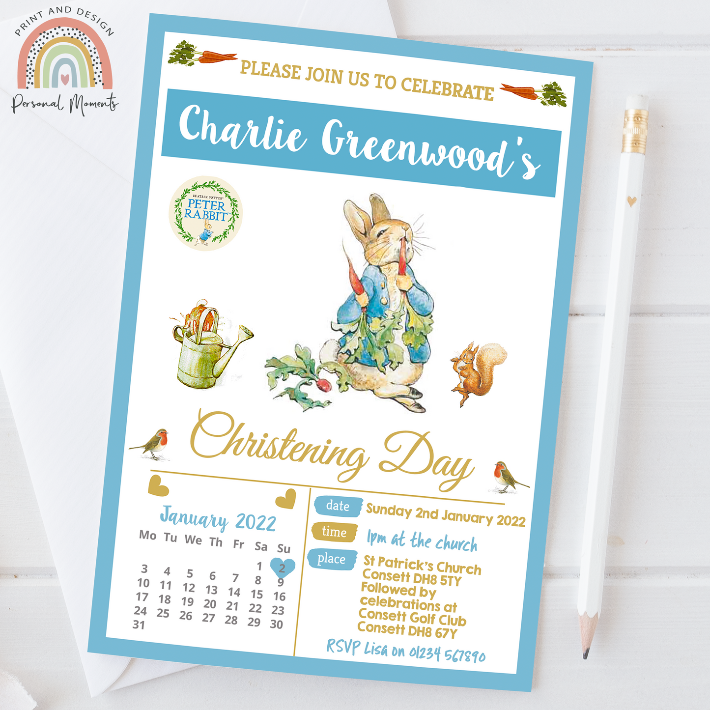 Personalized Peter Rabbit Boy’s Christening Invitation - Beatrix Potter Blue Theme