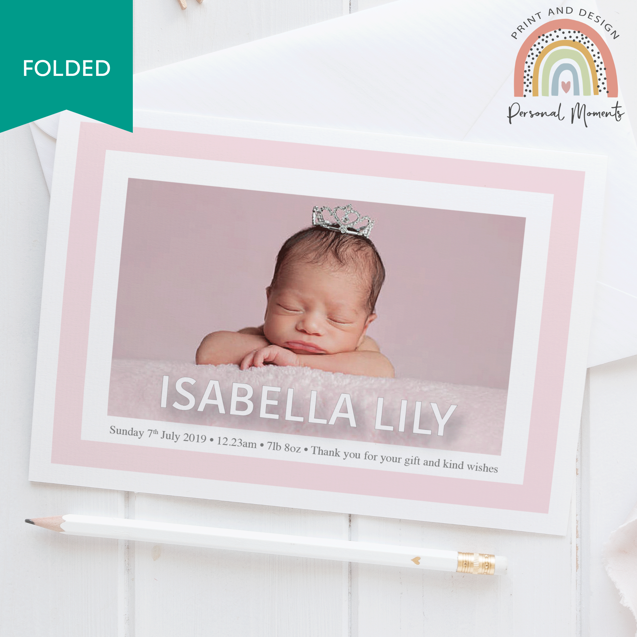 FOLDED New Baby Girl Photo Thank You Cards- Newborn Announcement Notes