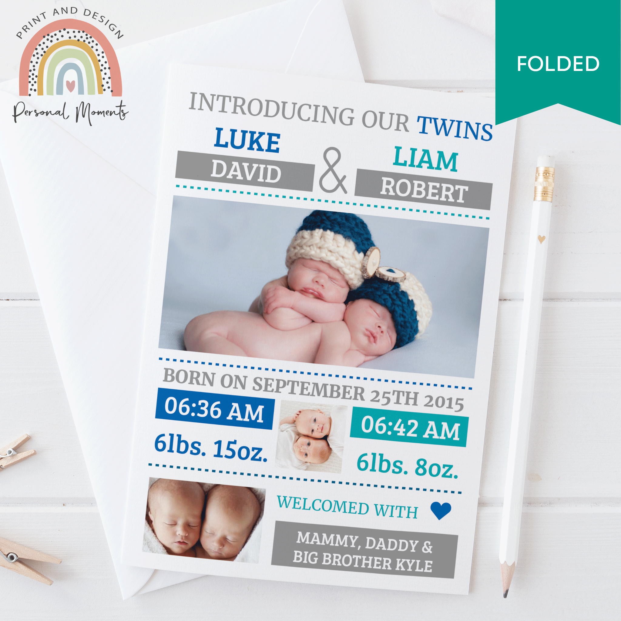 FOLDED Create Your Own Baby Thank You Boy Cards with Photo | Personal Moments | High-Quality Printing