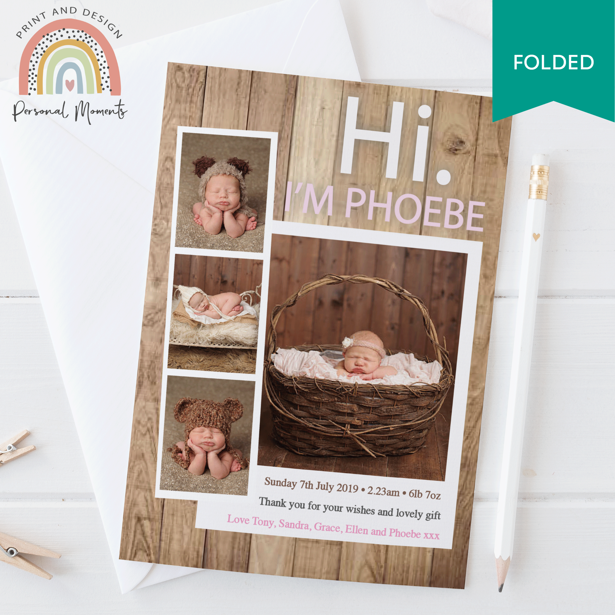 FOLDED Personalized New Baby Girl Thank You Cards with Your Own Photos - Customizable Designs and Fast Shipping