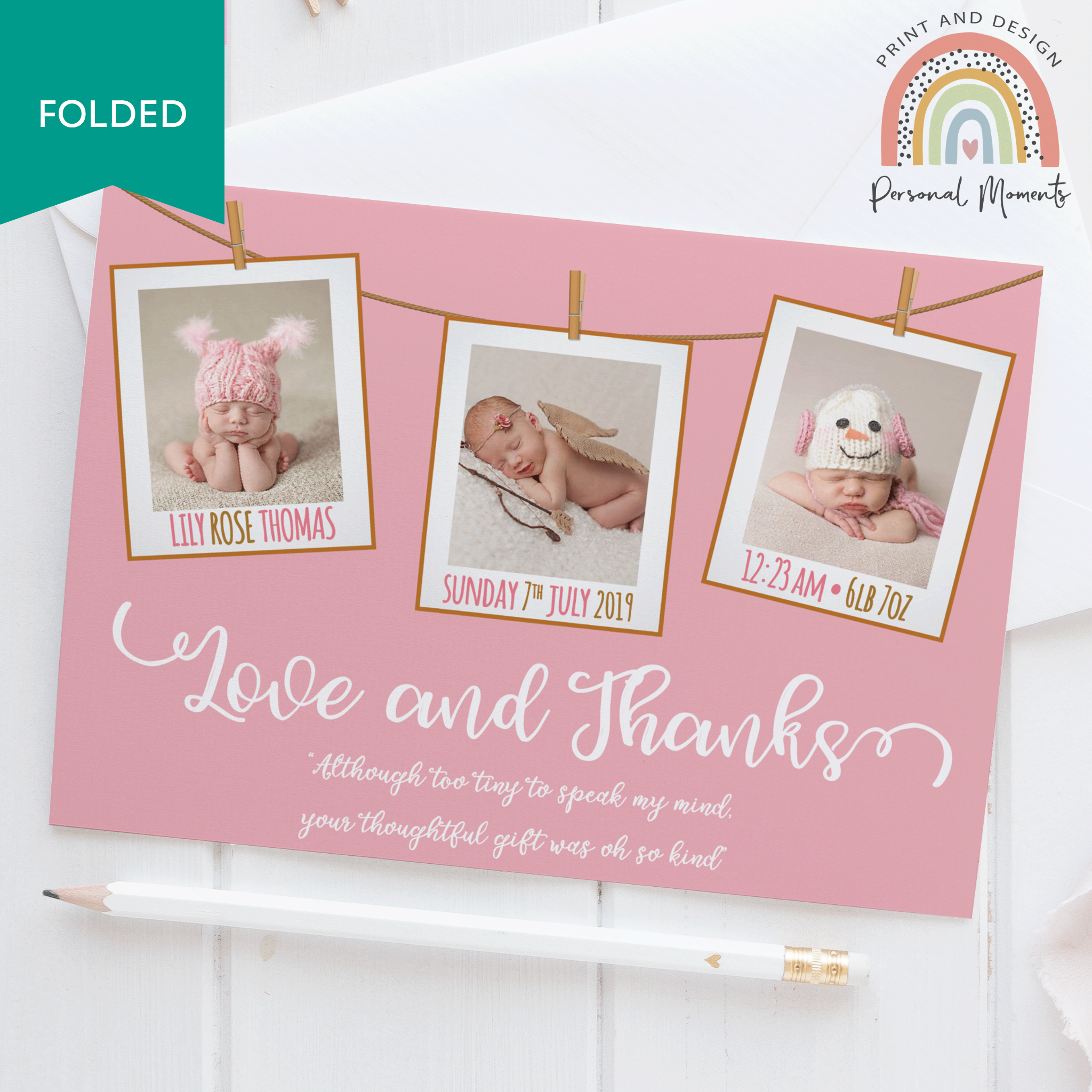 FOLDED Love and Thanks Baby Girl Thank You Cards