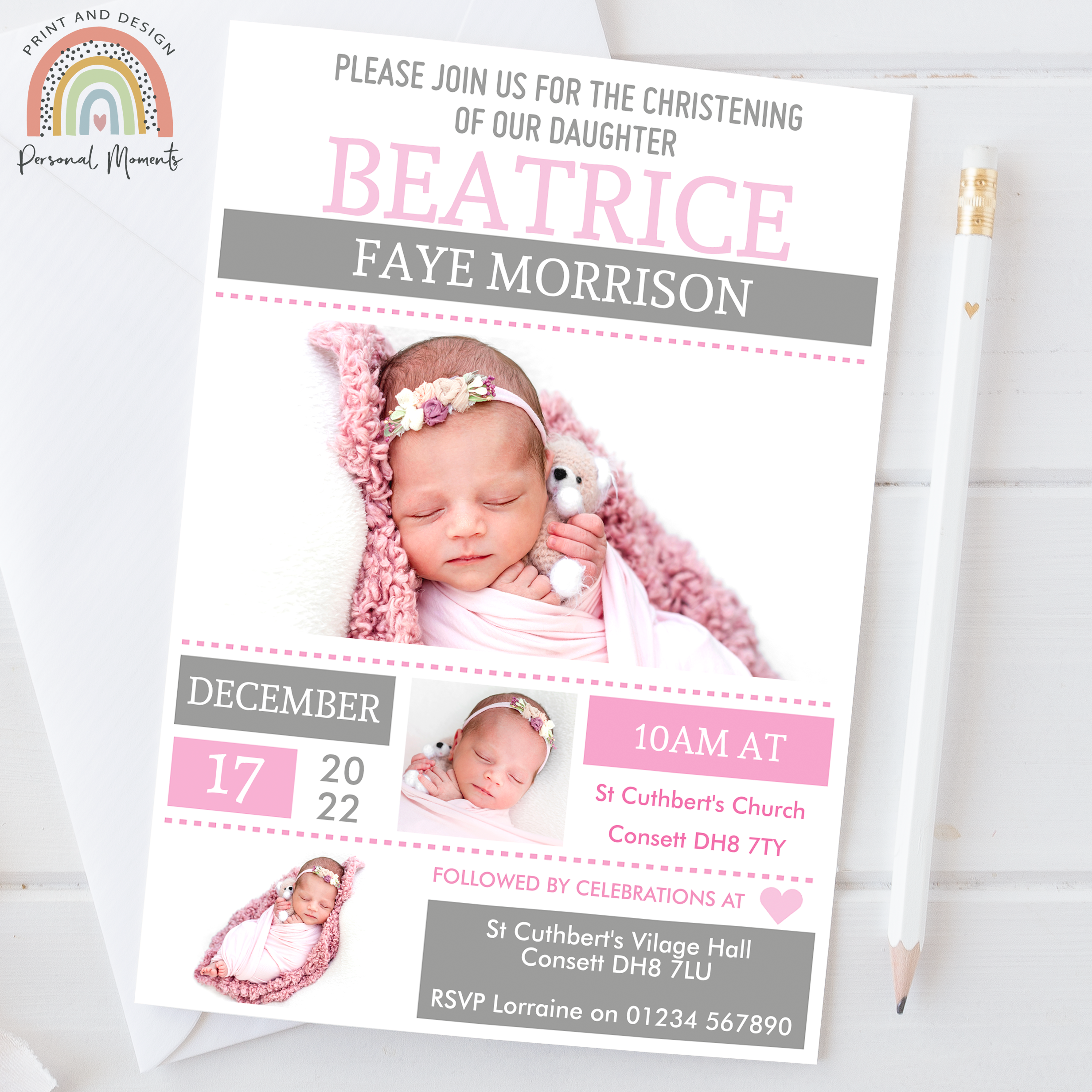 Elegant Personalized Christening, Baptism, Naming Day Invitations for Girls with Photos - Pink & Grey
