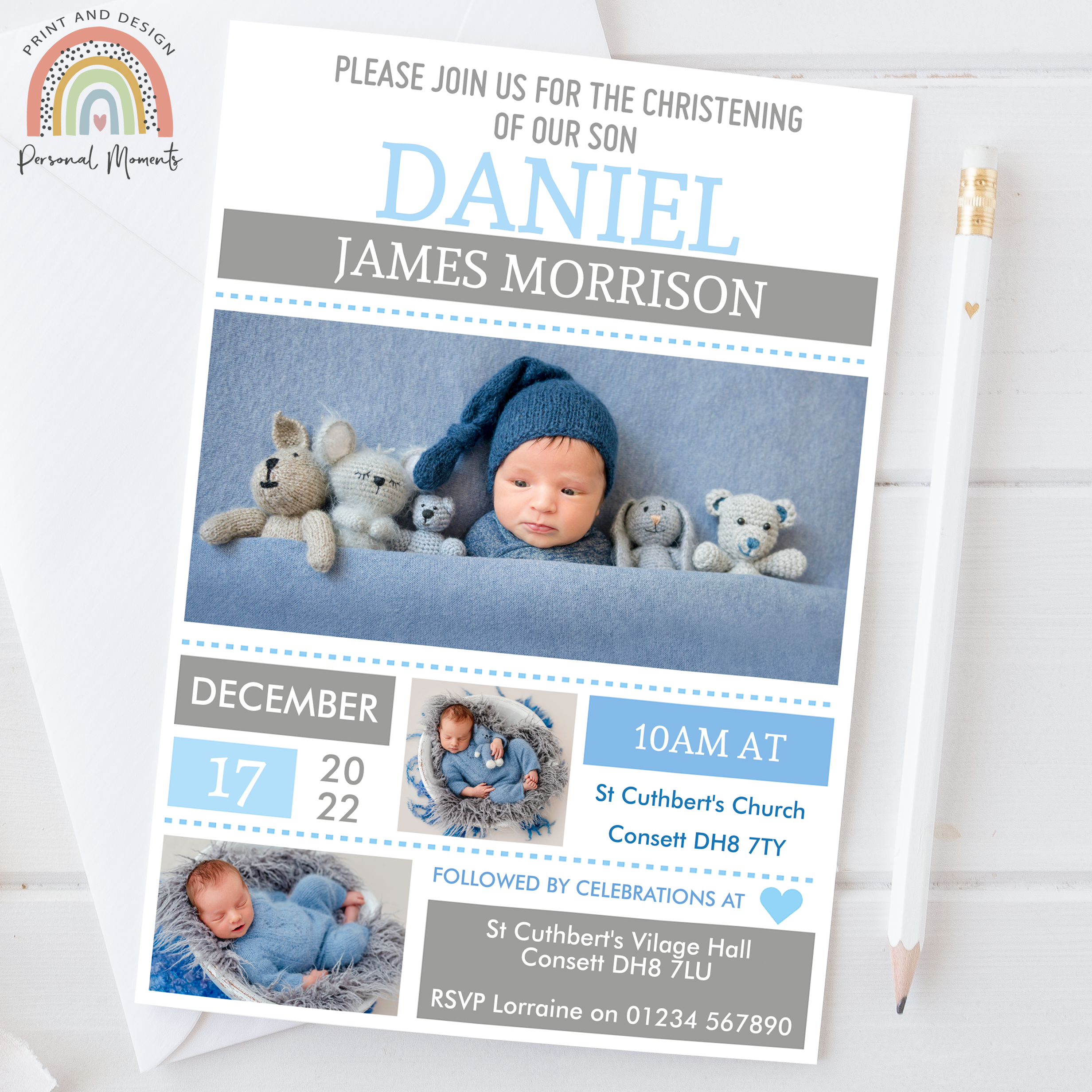 Elegant Personalized Christening, Baptism, Naming Day Invitations for Boys with Photos - Blue & Grey