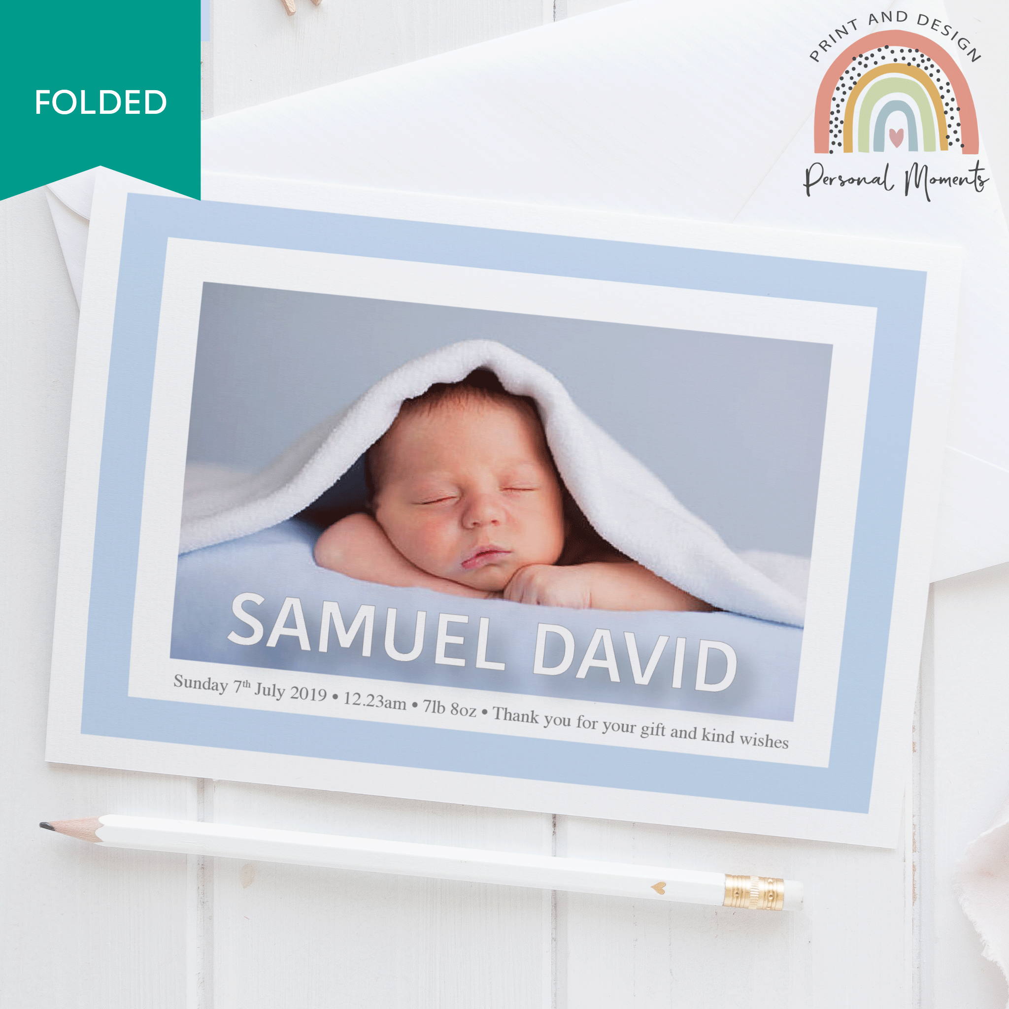 FOLDED Customized New Baby Boy Thank You Cards with Photo | Personalized Baby Thank You Notes