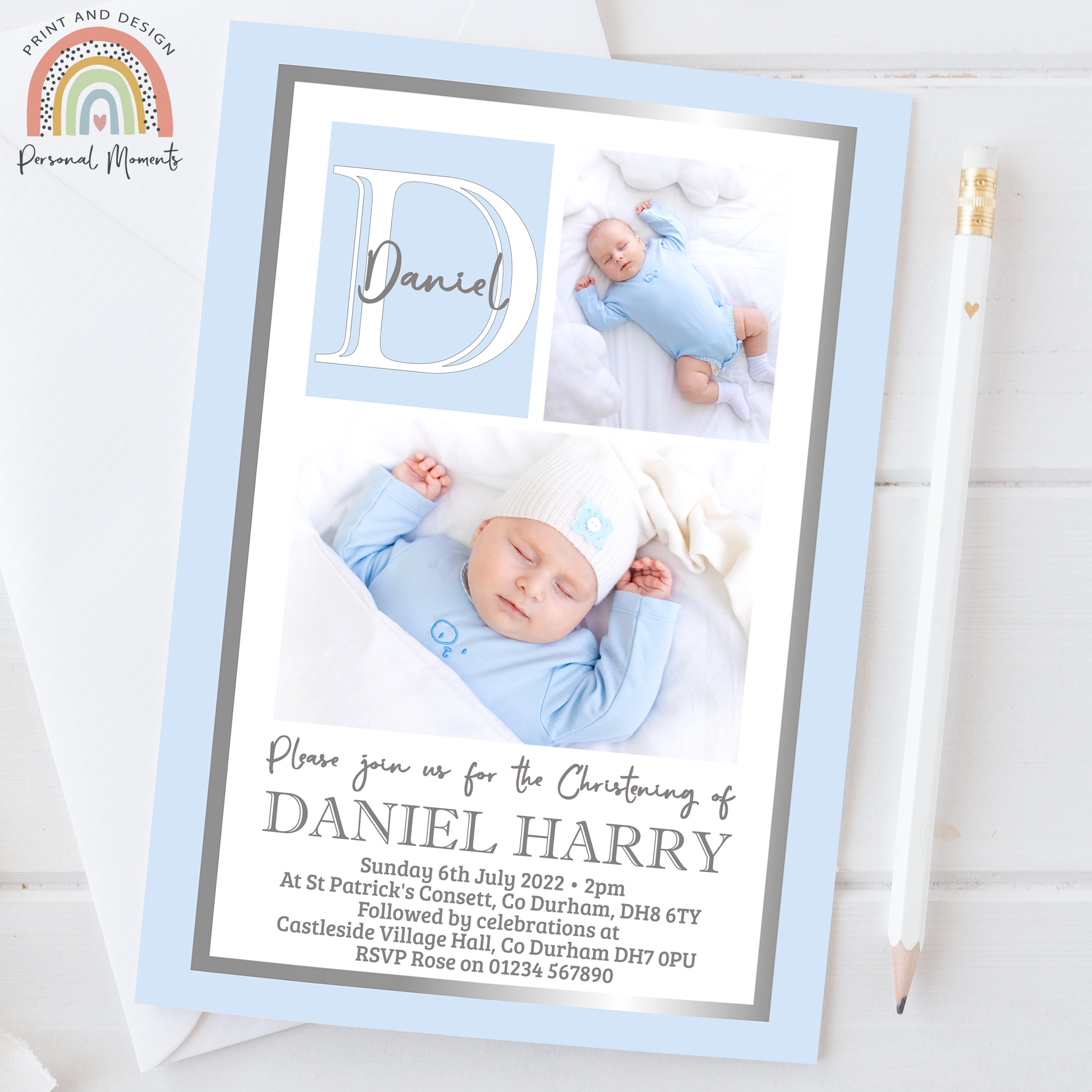 Elegant Personalized  Christening & Baptism Invitations - Baby Blue & Silver with Dual Photo Design