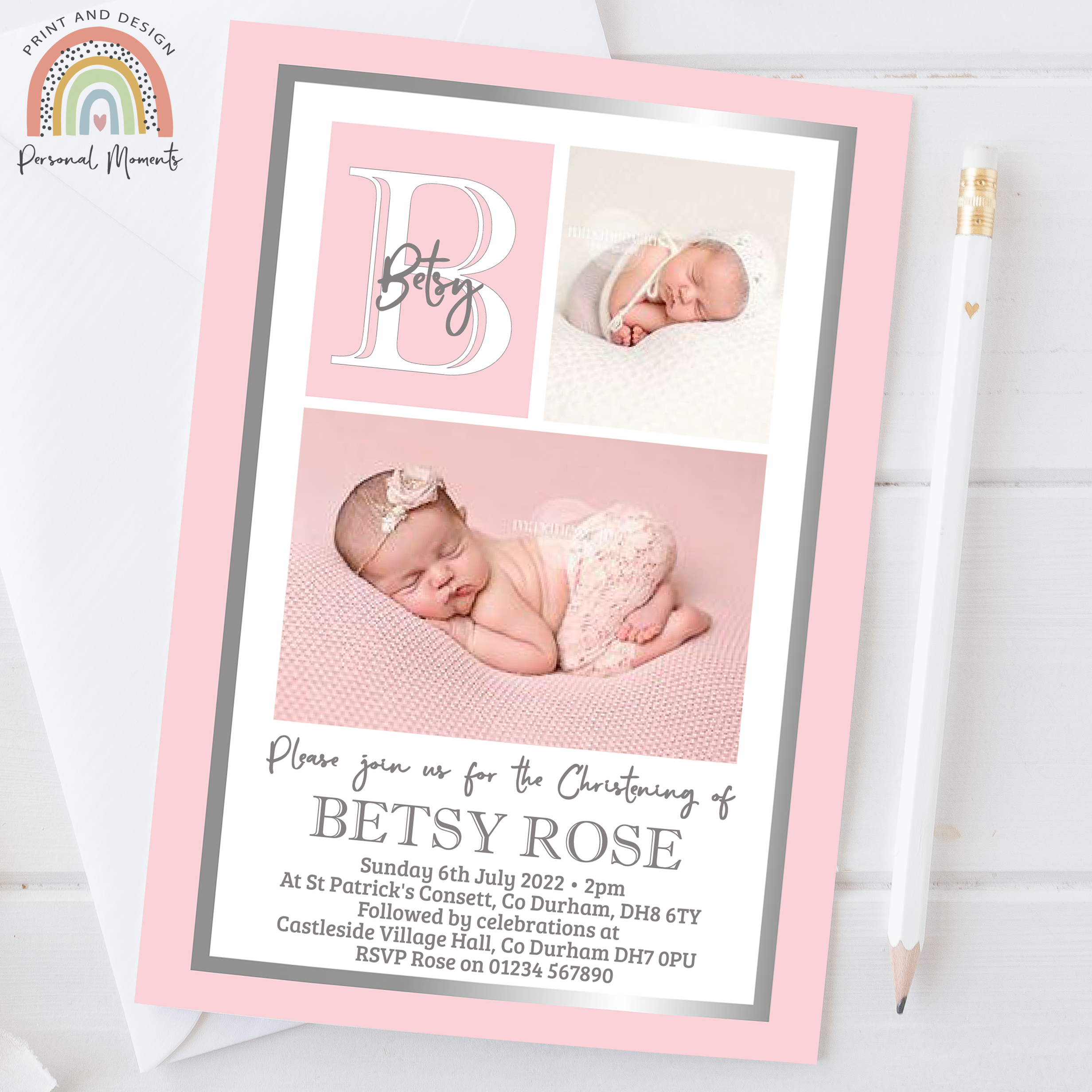 Elegant Personalized Christening & Baptism Invitations - Baby Pink & Silver with Dual Photo Design