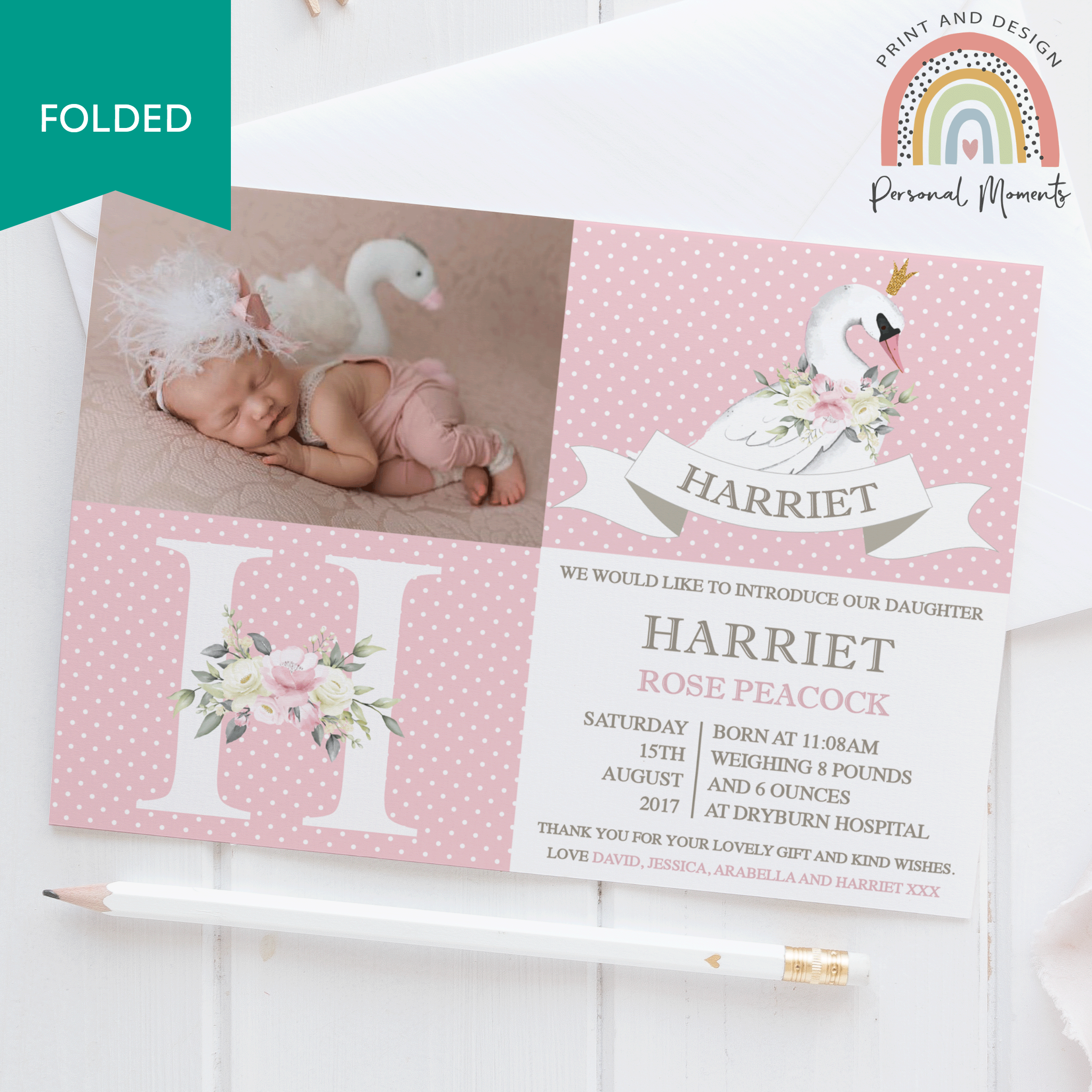FOLDED Make Baby Girl Thank You Cards with Your Own Photo | Personal Moments | Personalized Design