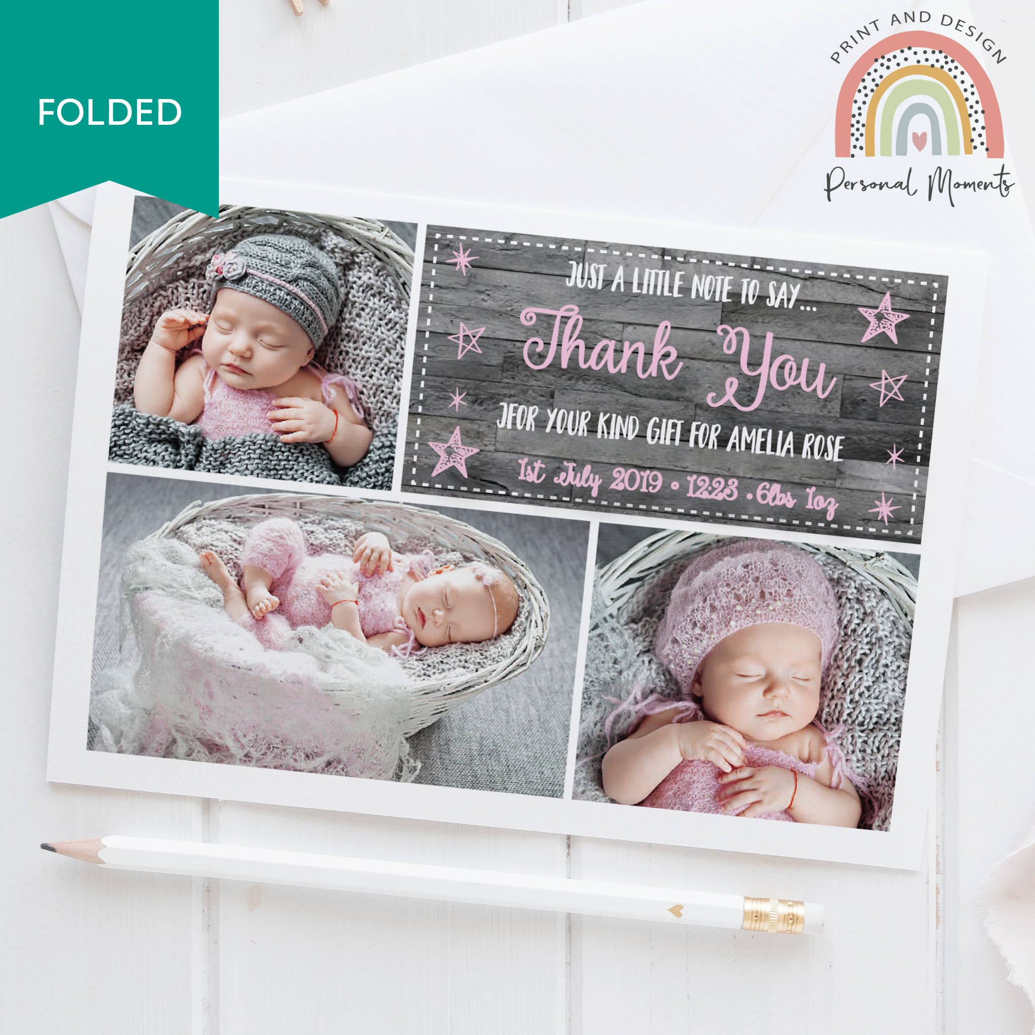 FOLDED Design Your Own Baby Girl Thank You Cards with Photo | Personal Moments | Fast Turnaround Time