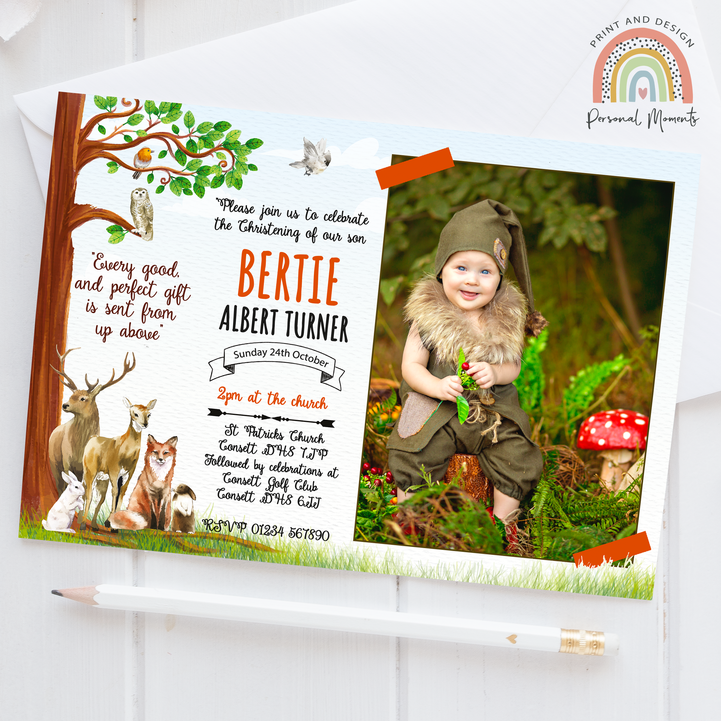 Enchanted Forest Personalized Christening Invitations - Autumn Woodland Animals Theme, Photo Baptism