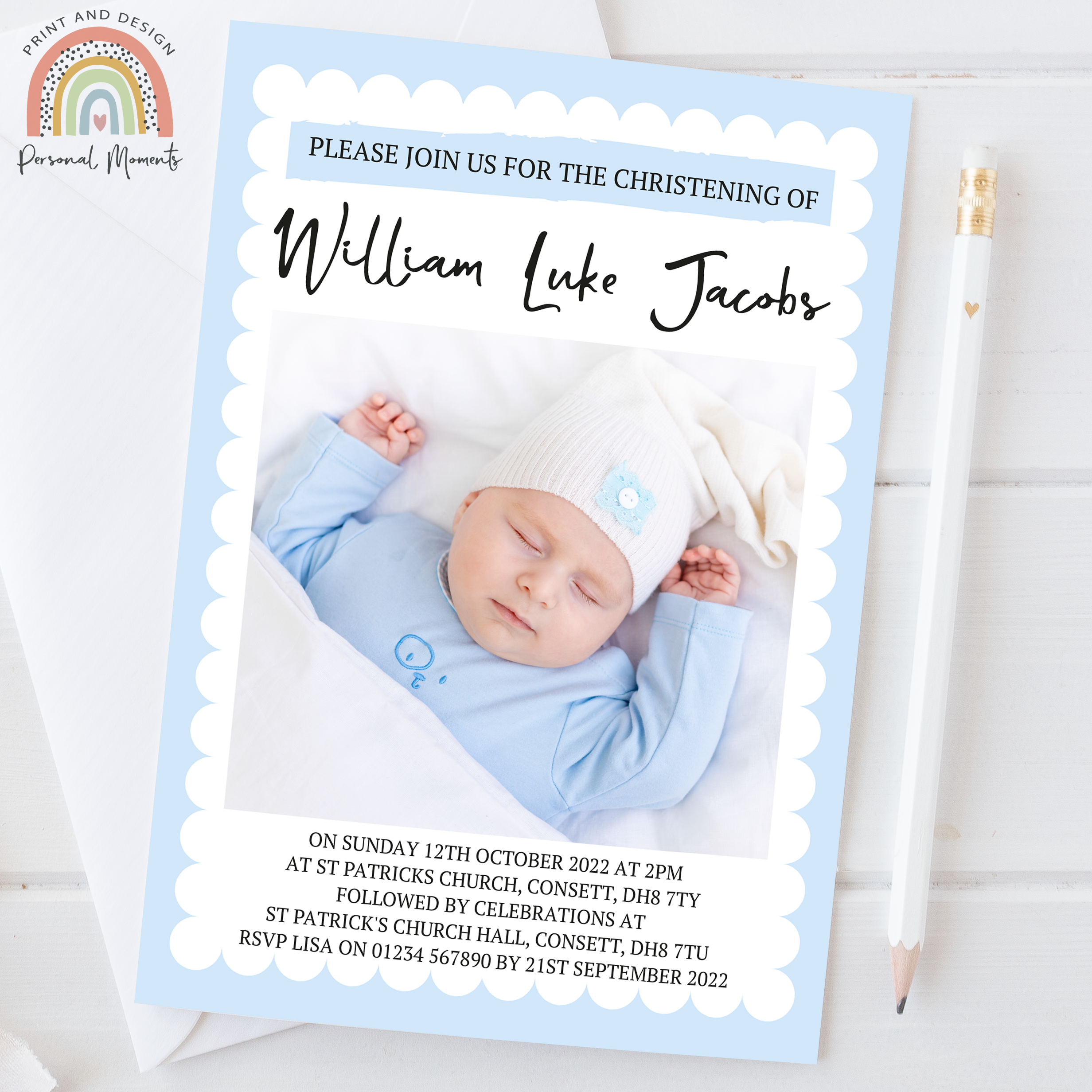 Baby Blue Personalized Christening Invitations - Elegant Cloud Border with Photo