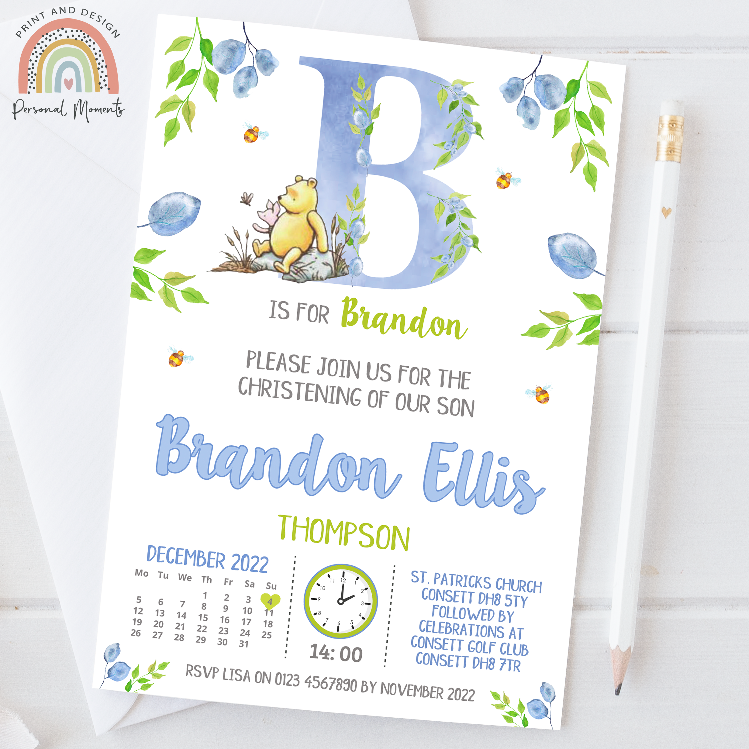 Boys Classic Pooh Christening Invites - Personalized Watercolor Design