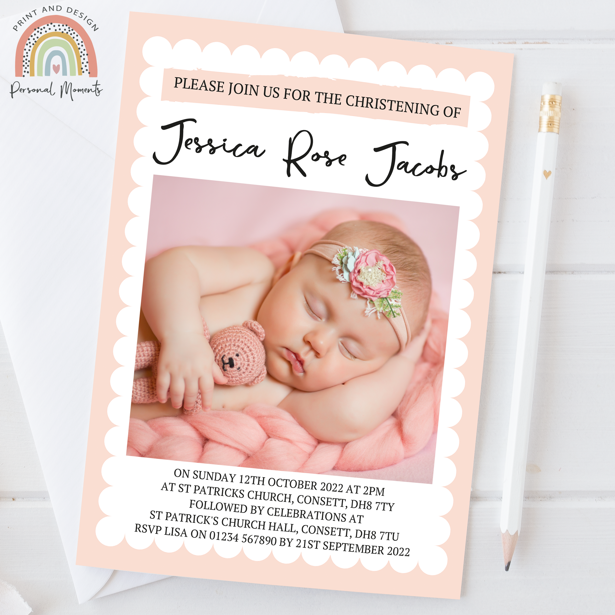 Baby Pink Personalized Christening Invitations - Elegant Cloud Border with Photo