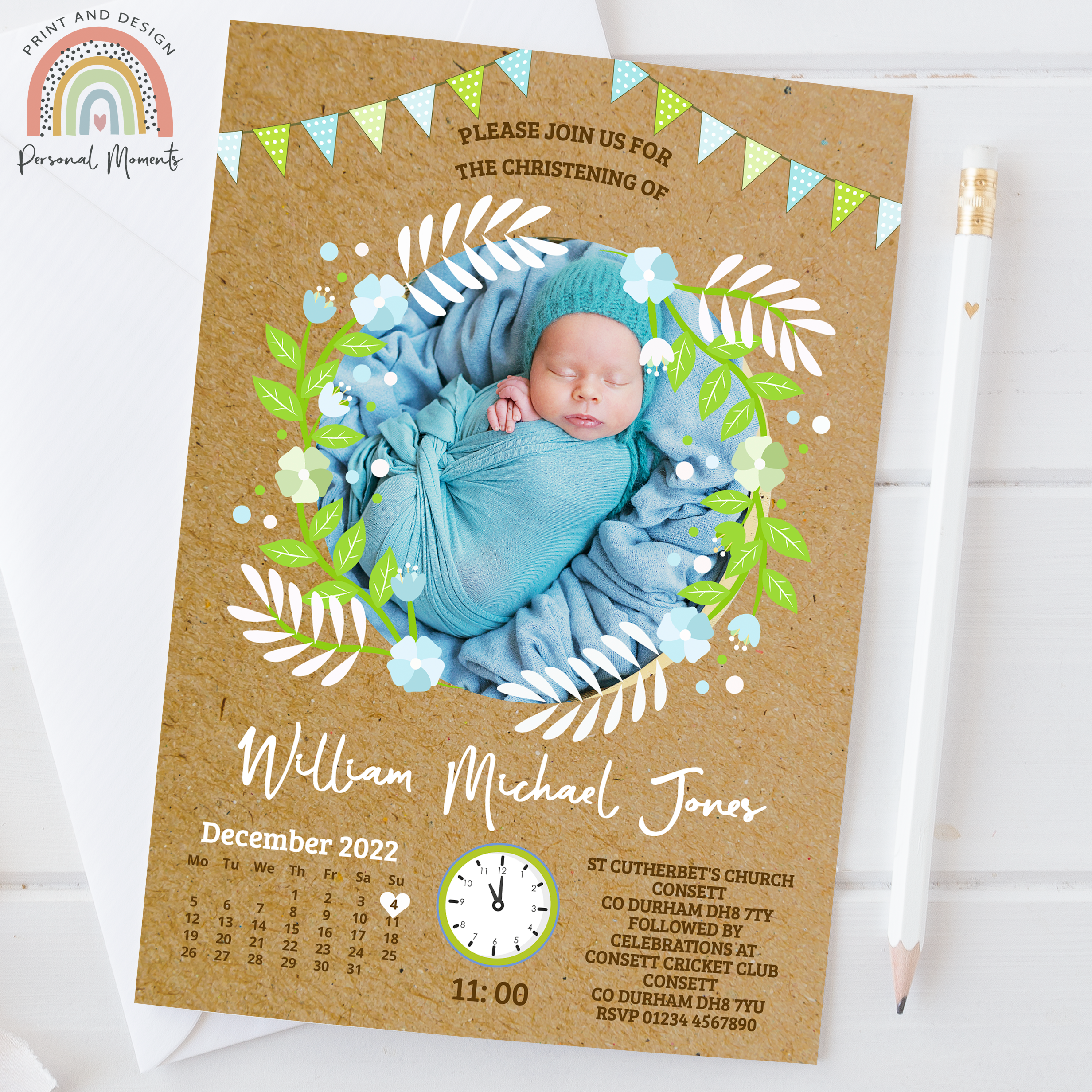 Botanical Personalized Christening Invitations - Vintage Kraft Rustic, Baby Blue & Green Photo Invites