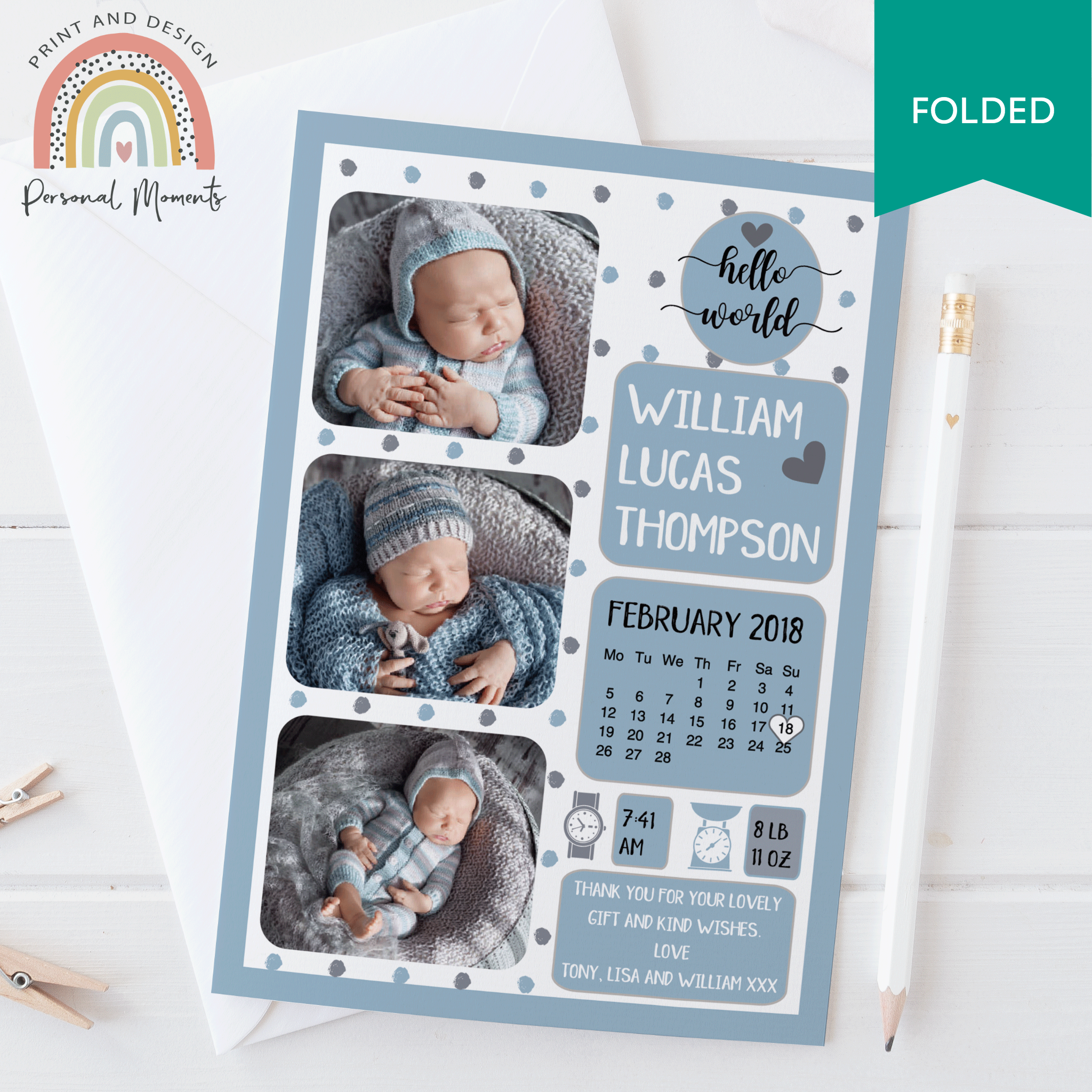 FOLDED Custom Baby Boy Thank You Cards with Personalized Photos - Fast Shipping