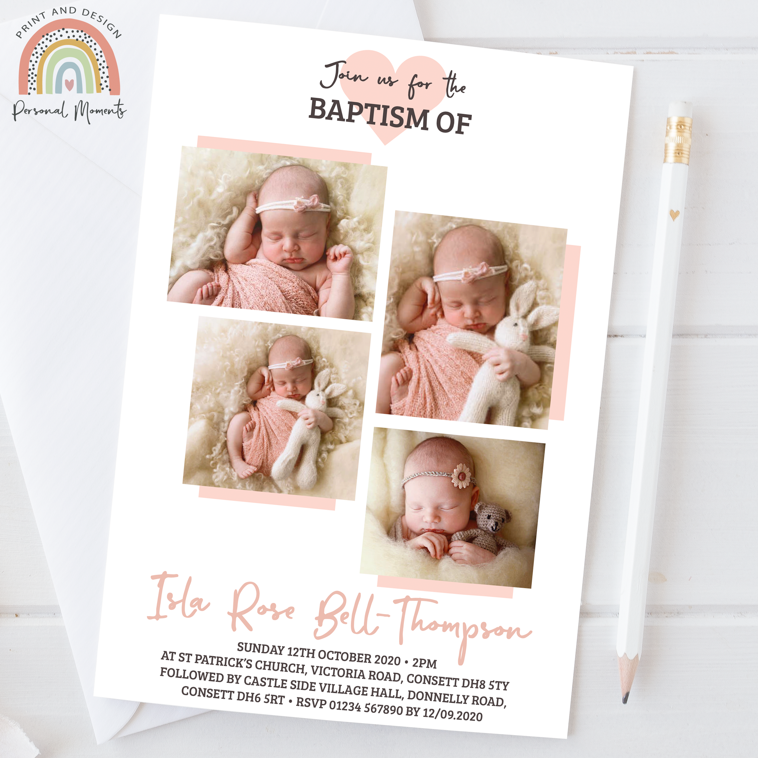 Chic Personalized Pink Heart Baptism Invitation - Quadruple Photo