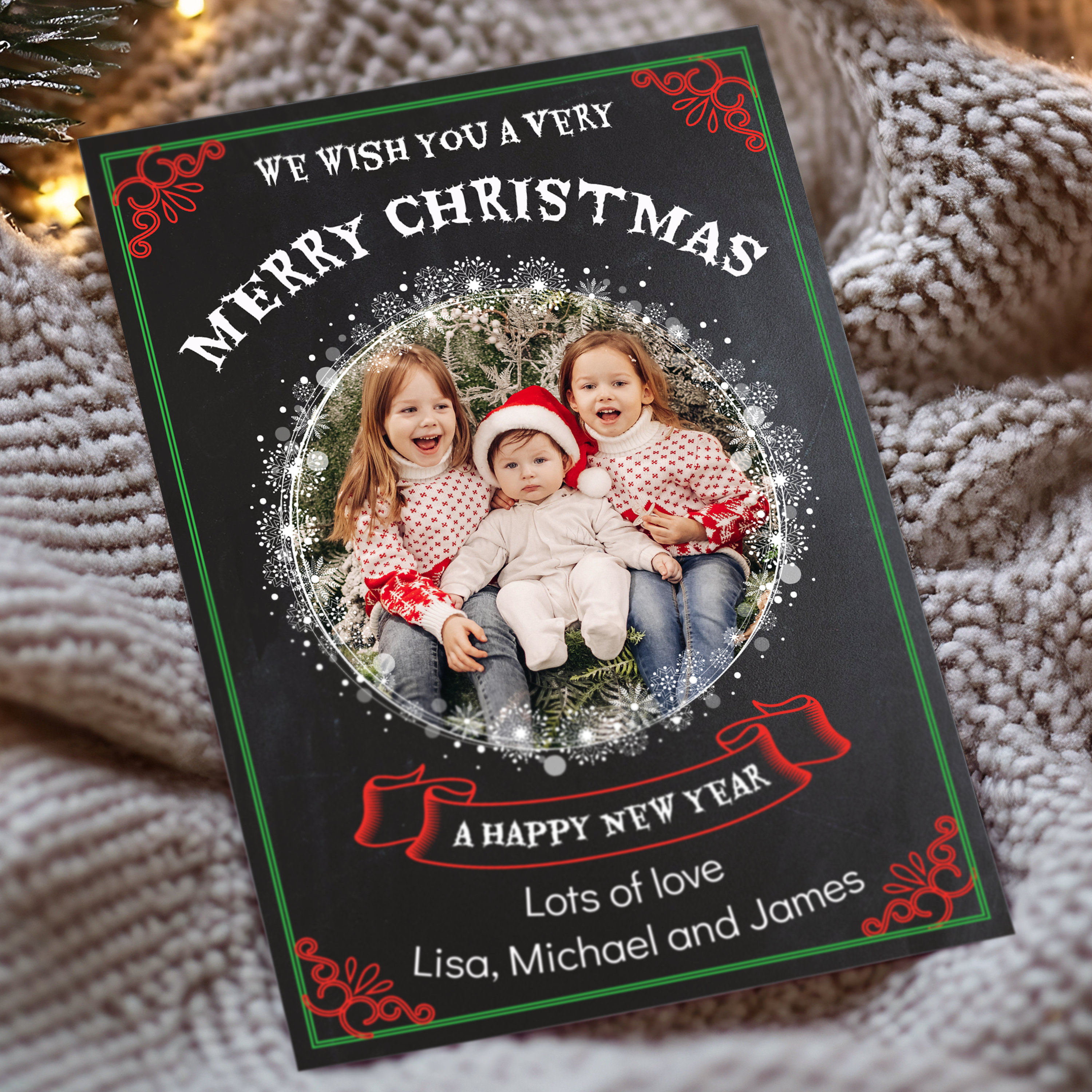 FLAT Christmas Greetings to Family and Friends, Photo Xmas Card