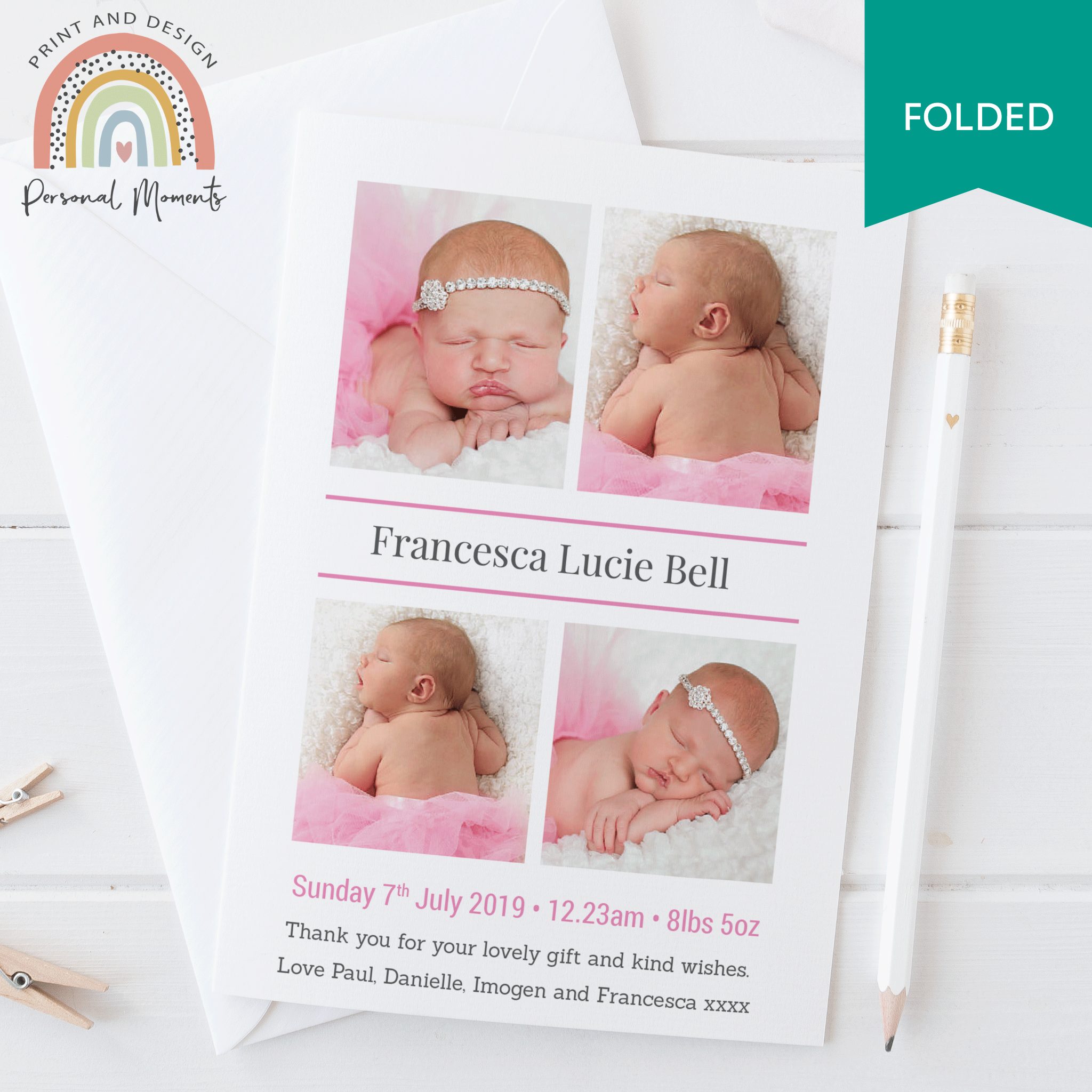FOLDED Customized New Baby Girl Thank You Cards with Photo | Personalized Baby Thank You Notes