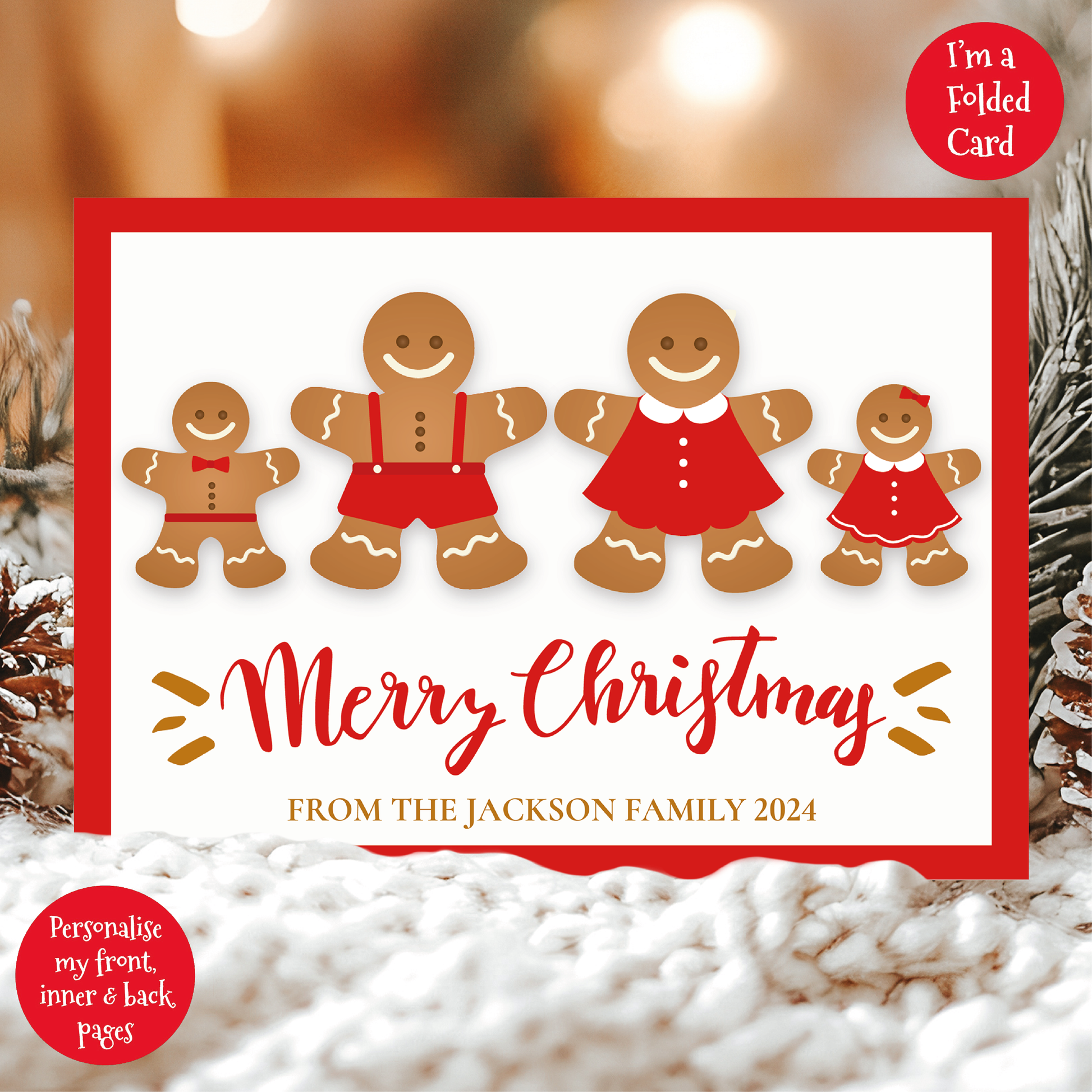 a christmas card with three gingerbreads on it