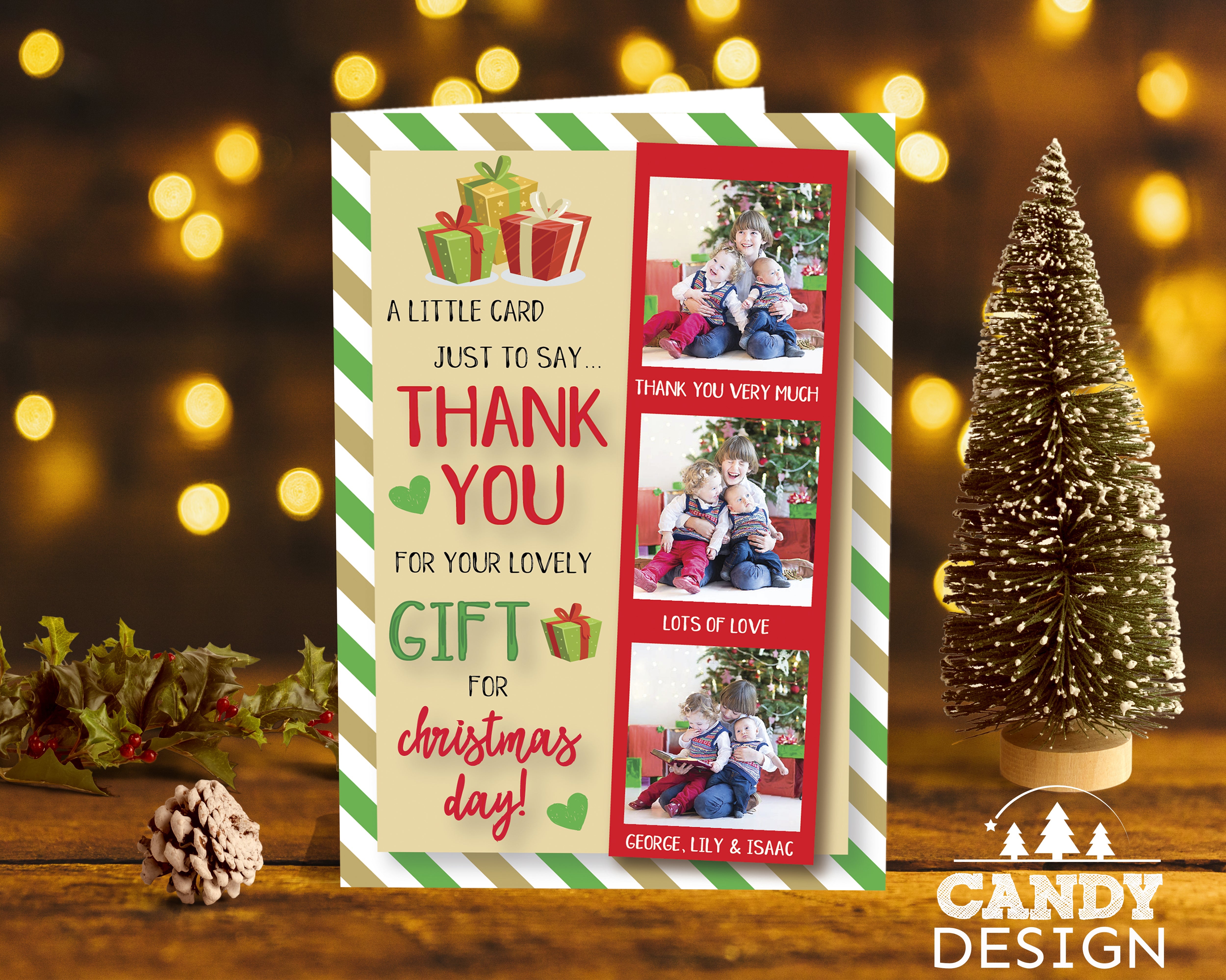 FOLDED Photo Holiday Thank You Cards, Custom Festive Christmas Thank You Cards