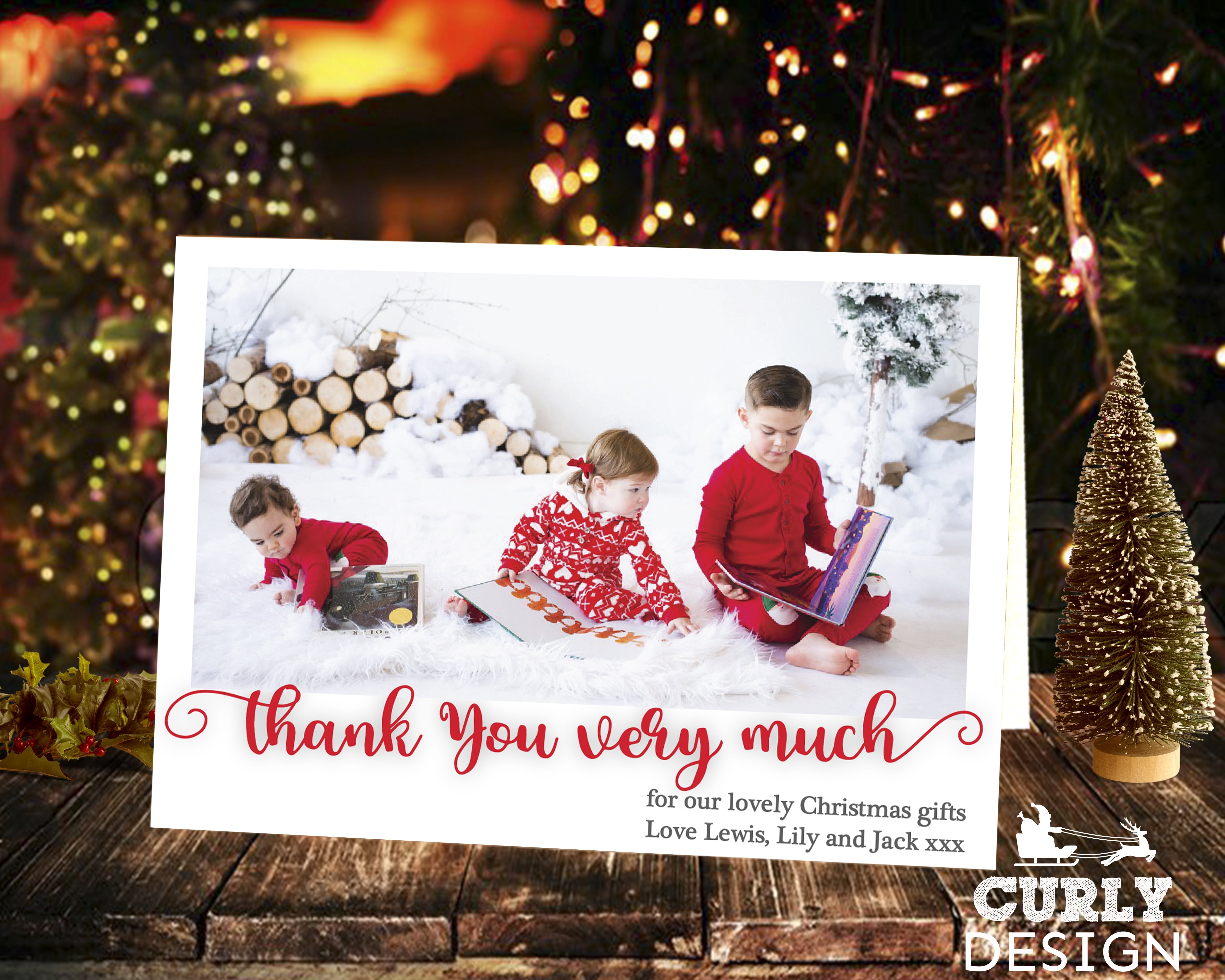 FLAT Custom Family Christmas Thank You Cards, Personalized Photo Xmas Thank You  Card