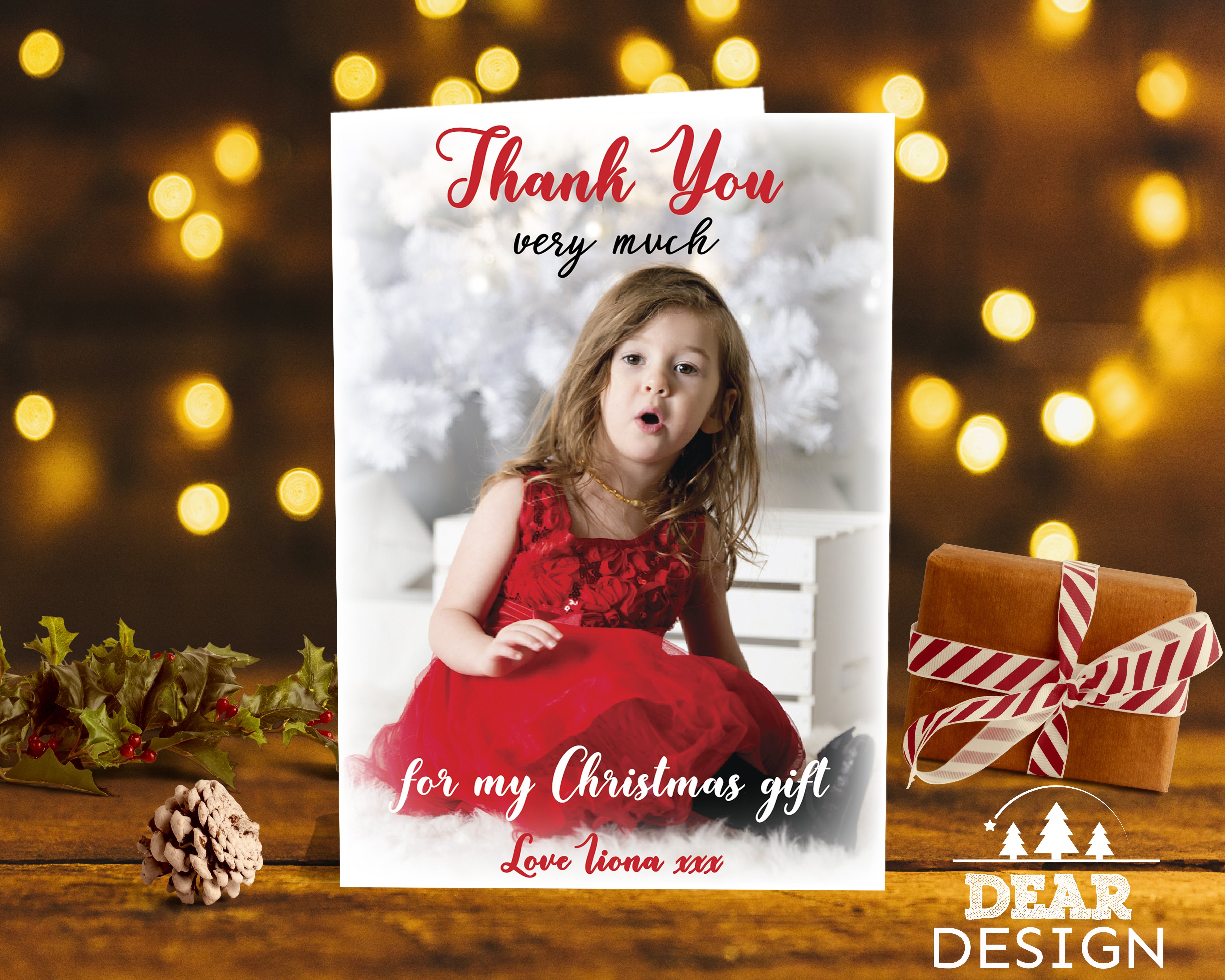 FOLDED Custom Festive Christmas Thank You Card, Personalized Photo Christmas Thank You Cards